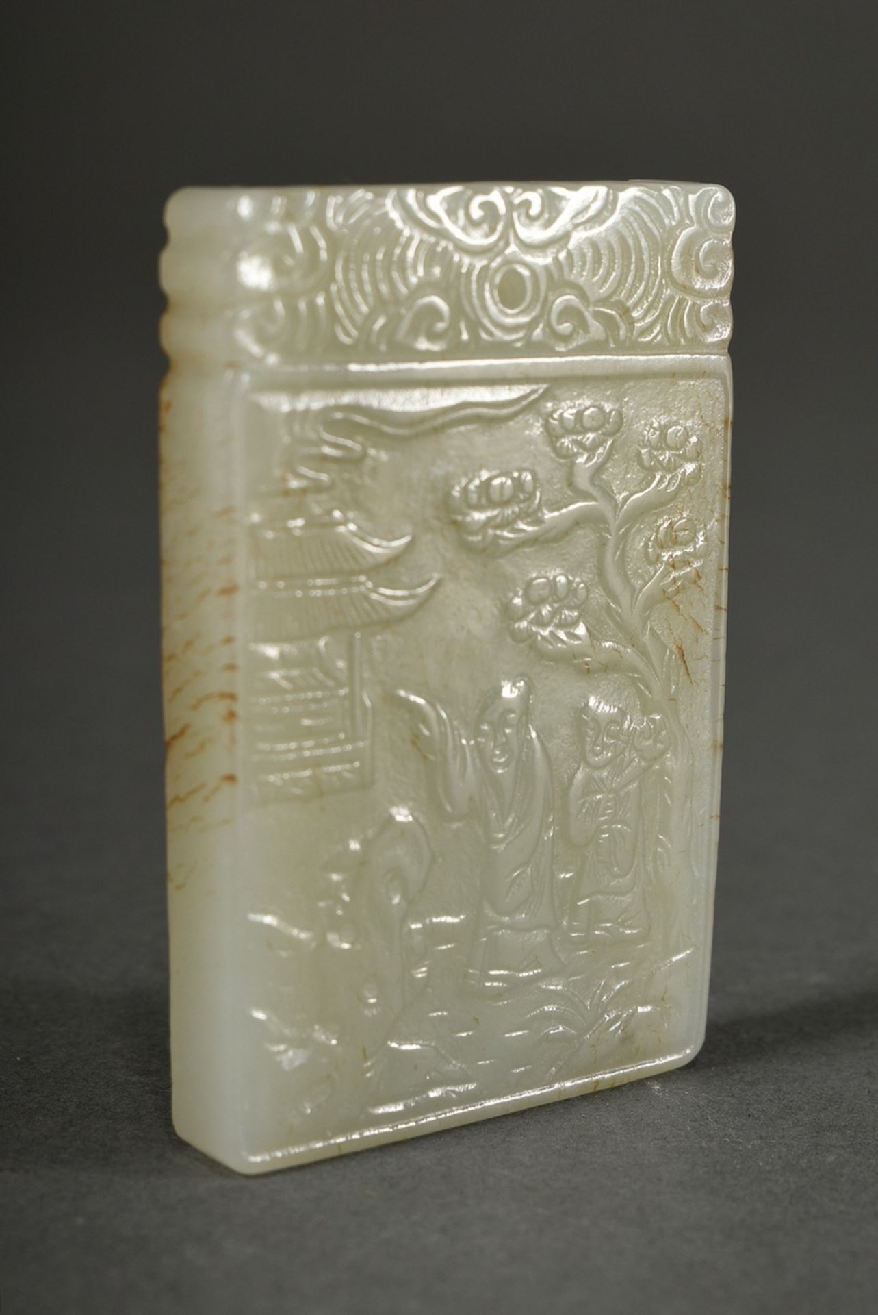 Seladon jade plaque "Two Wise Men in the Garden", characters on verso, depictions in low relief, wo - Image 2 of 6