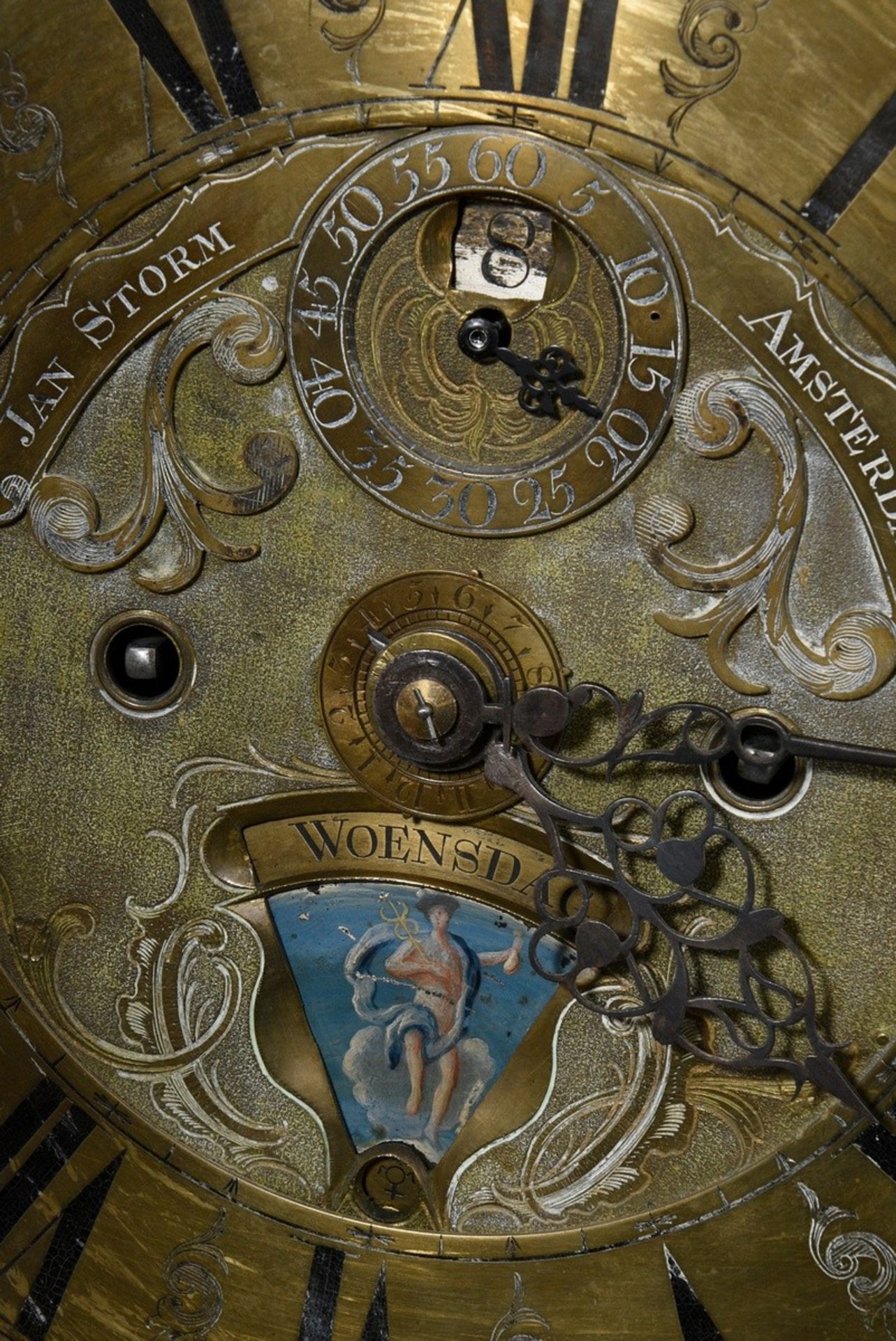 Amsterdam baroque grandfather clock by Jan Storm (mentioned 1717), brass dial with blackened Roman - Image 3 of 26