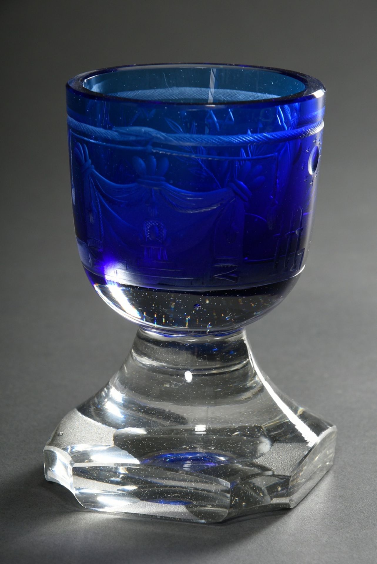 Thick-walled Masonic foot cup with cobalt blue etched dome, deeply cut symbols and constricted neck - Image 2 of 6