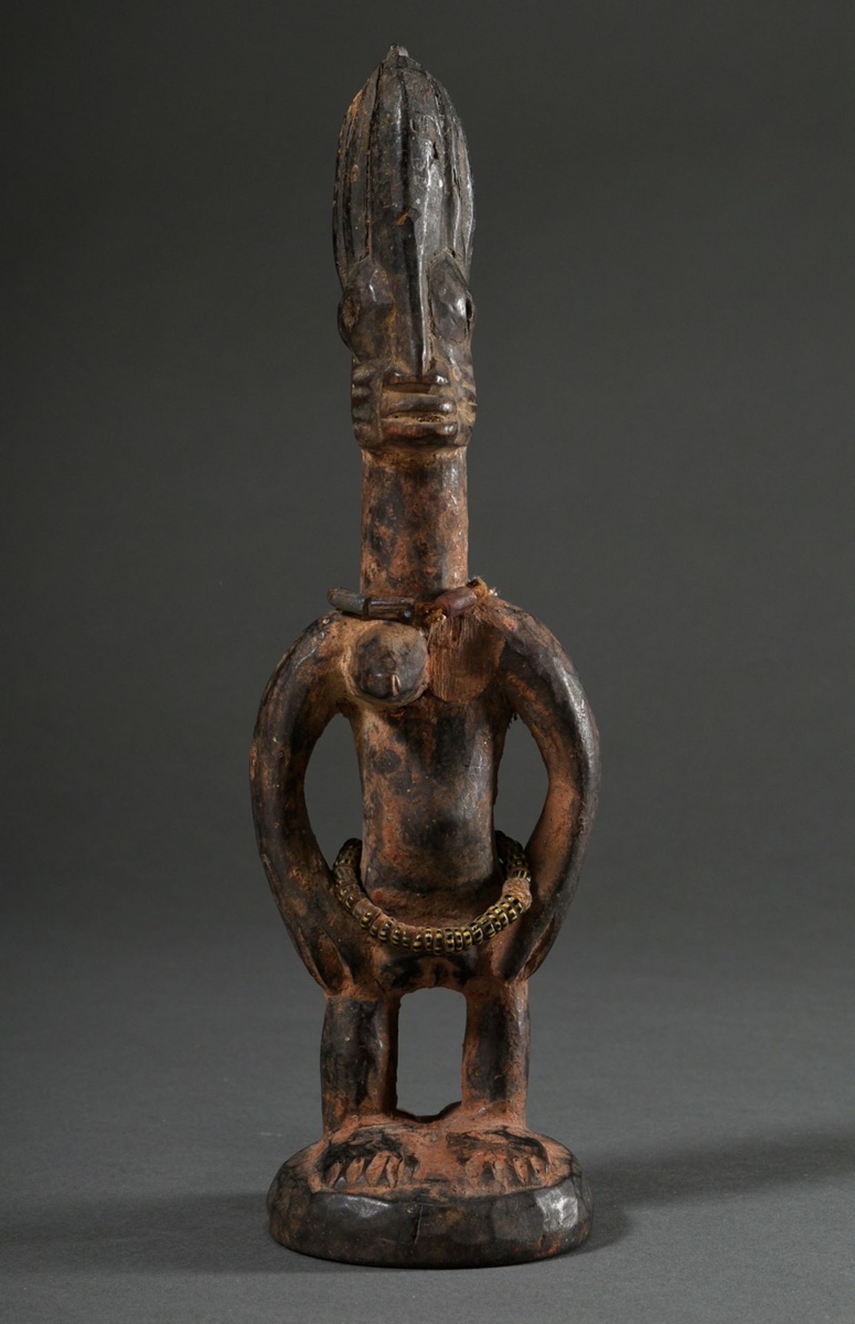 Female Yoruba Ibeji figure with beaded jewellery, Nigeria, h. 27cm, 1 breast lost, insect damage - Image 2 of 5