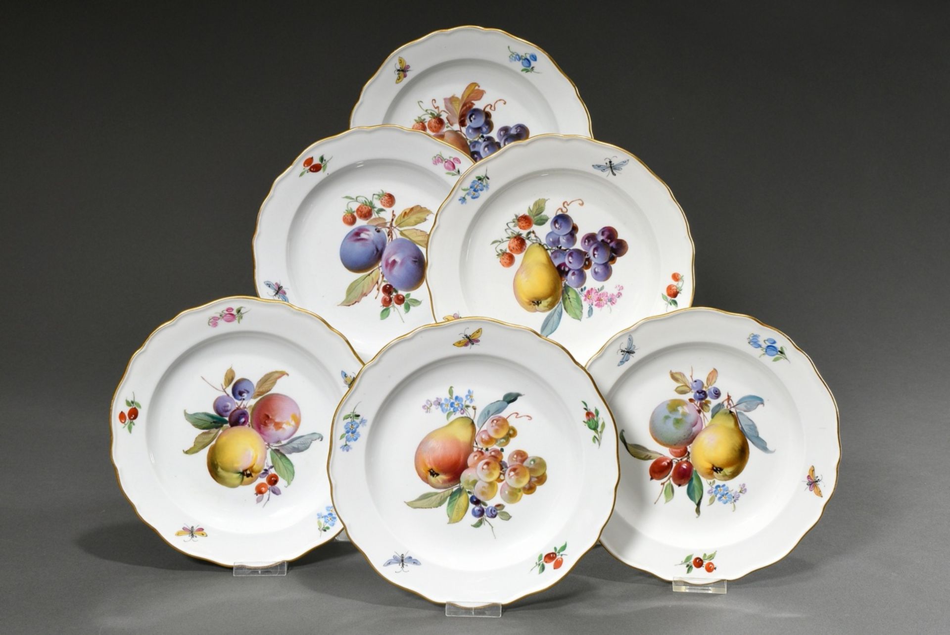 6 Meissen Teller mit "Obst und Insekten" Malerei, Neuer Ausschnitt, um 1900, Ø 21,5cm, Goldränder z - Bild 2 aus 6