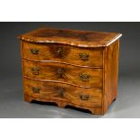 North German baroque chest of drawers with double front and beautiful flamed walnut veneer, 3 drawe