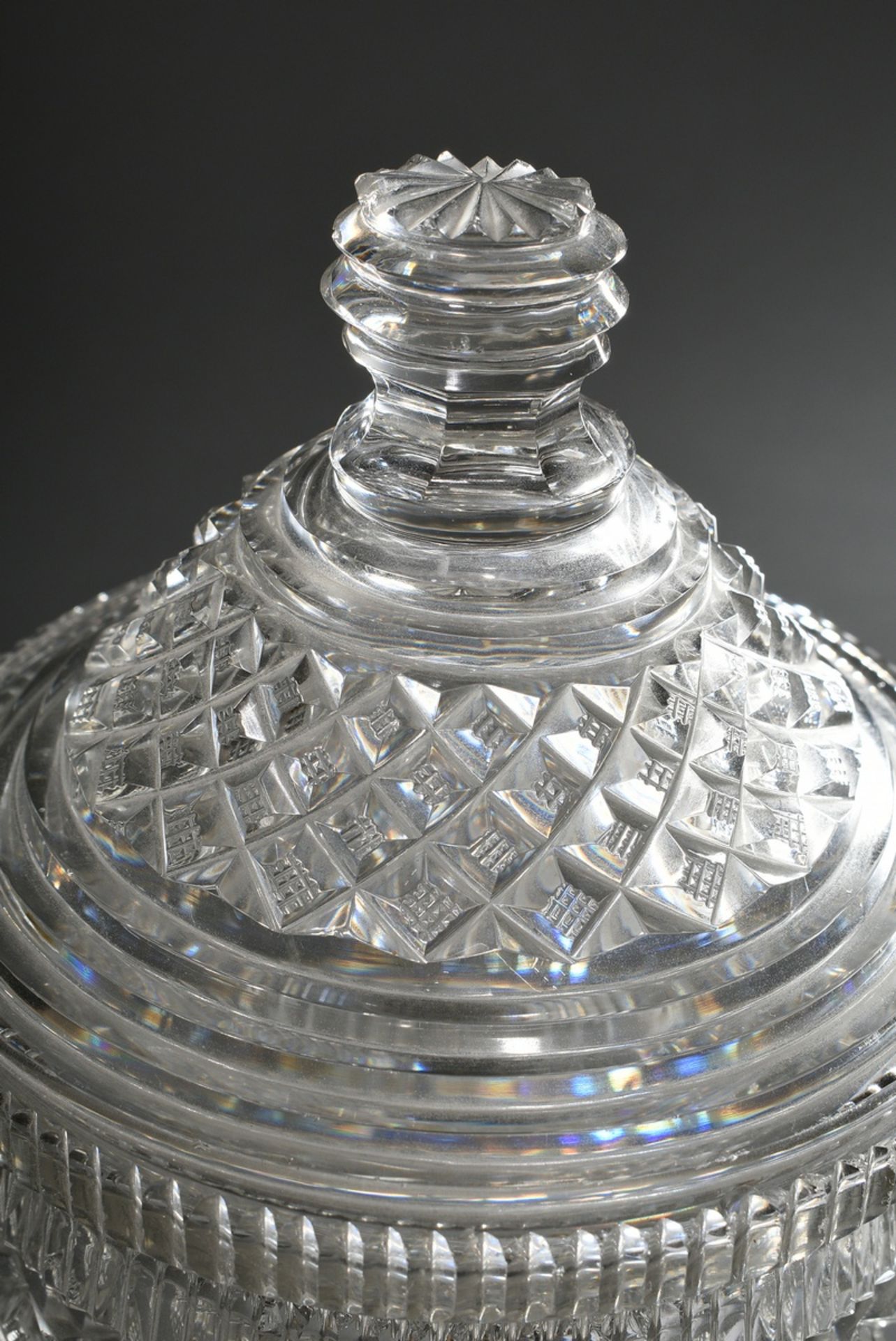 Crystal lidded goblet with rich cut on square base, 19th c., h. 30cm, chipped - Image 2 of 4