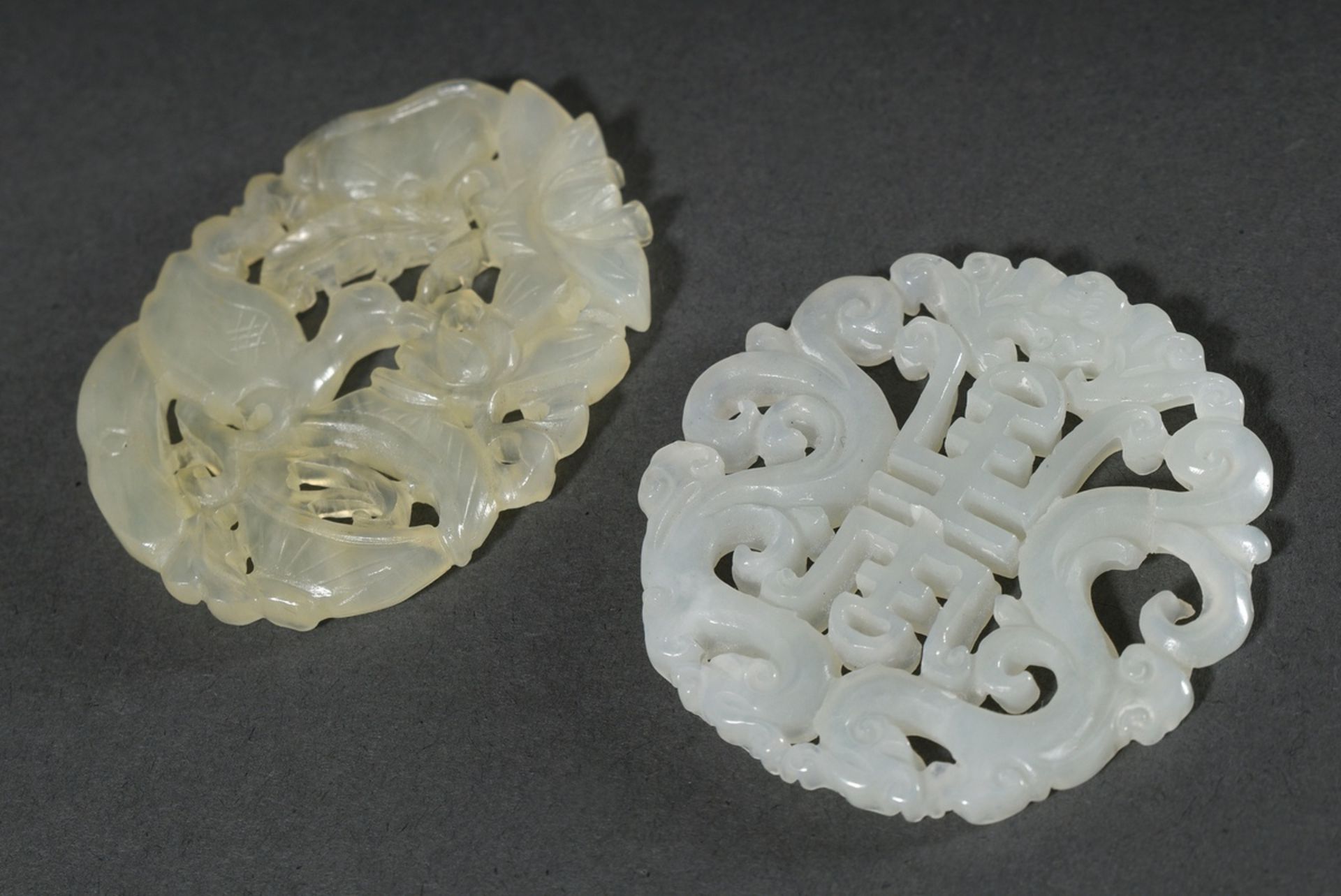 2 Various openwork light jade plaques: "Long life, dragon and bat" and "Duck with lotus blossoms",  - Image 2 of 2