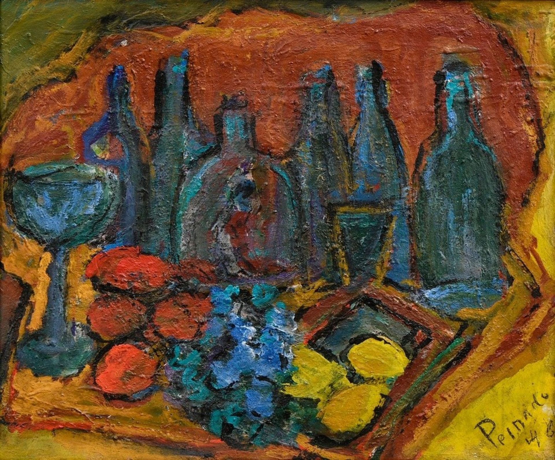 Peinado, Joaquín (1898-1975) "Stillleben mit Flaschen und Früchten" 1946, Öl/Leinwand, u.r. sign./d