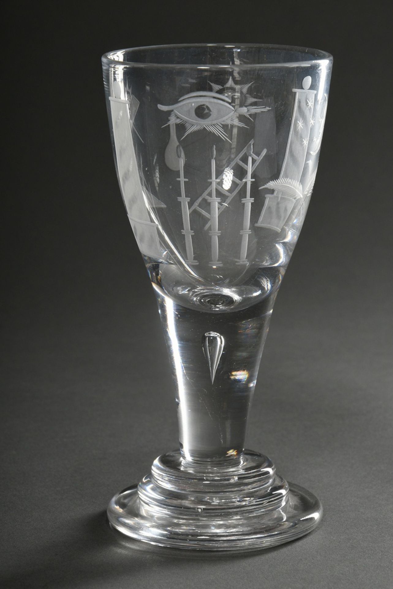Tall, massive Masonic goblet in conical form with deeply cut symbols, captured bubble in the shaft  - Image 2 of 5