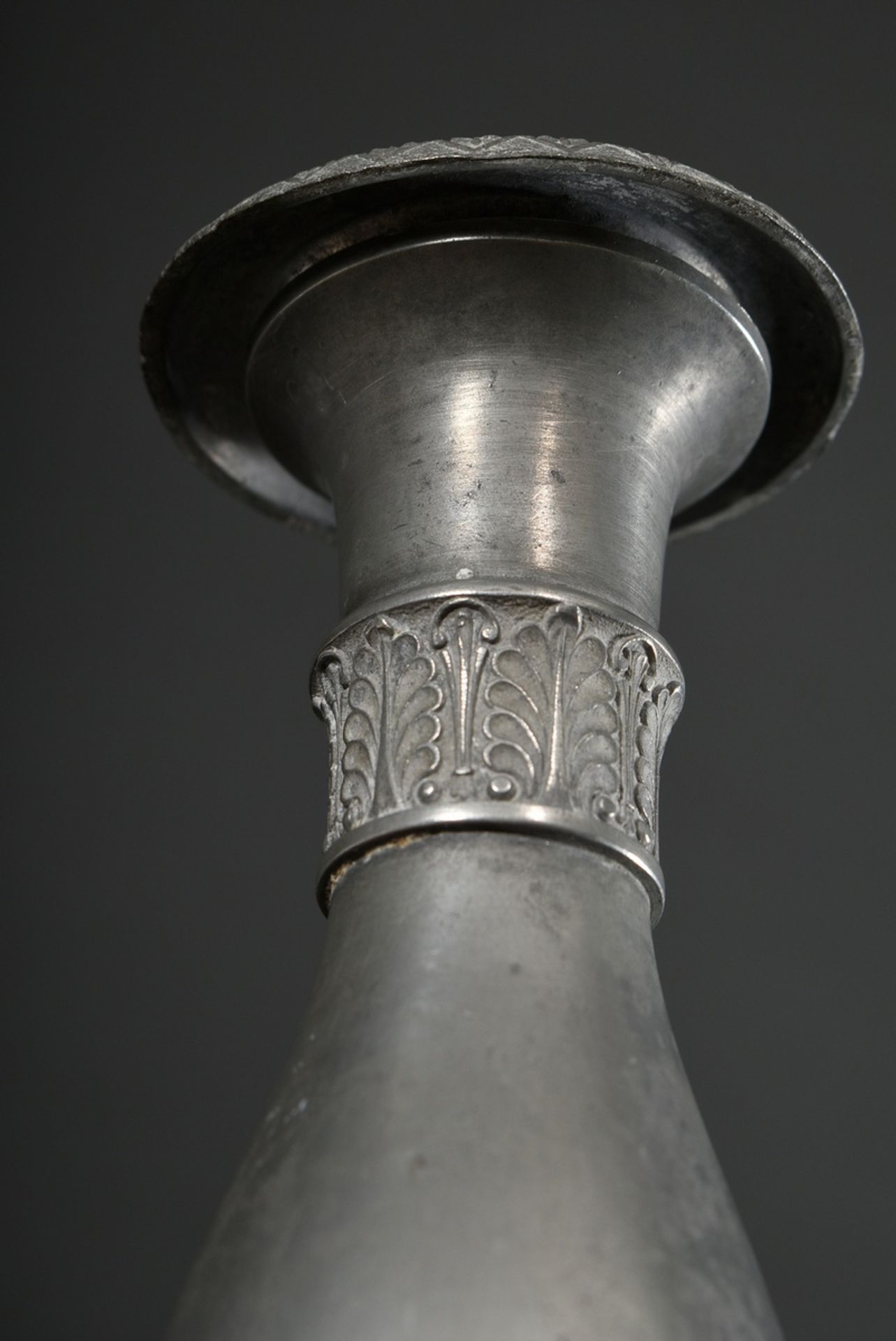 3 Various Saxon pewter candlesticks in Empire form on angular bases with baluster stems and palmett - Image 5 of 10