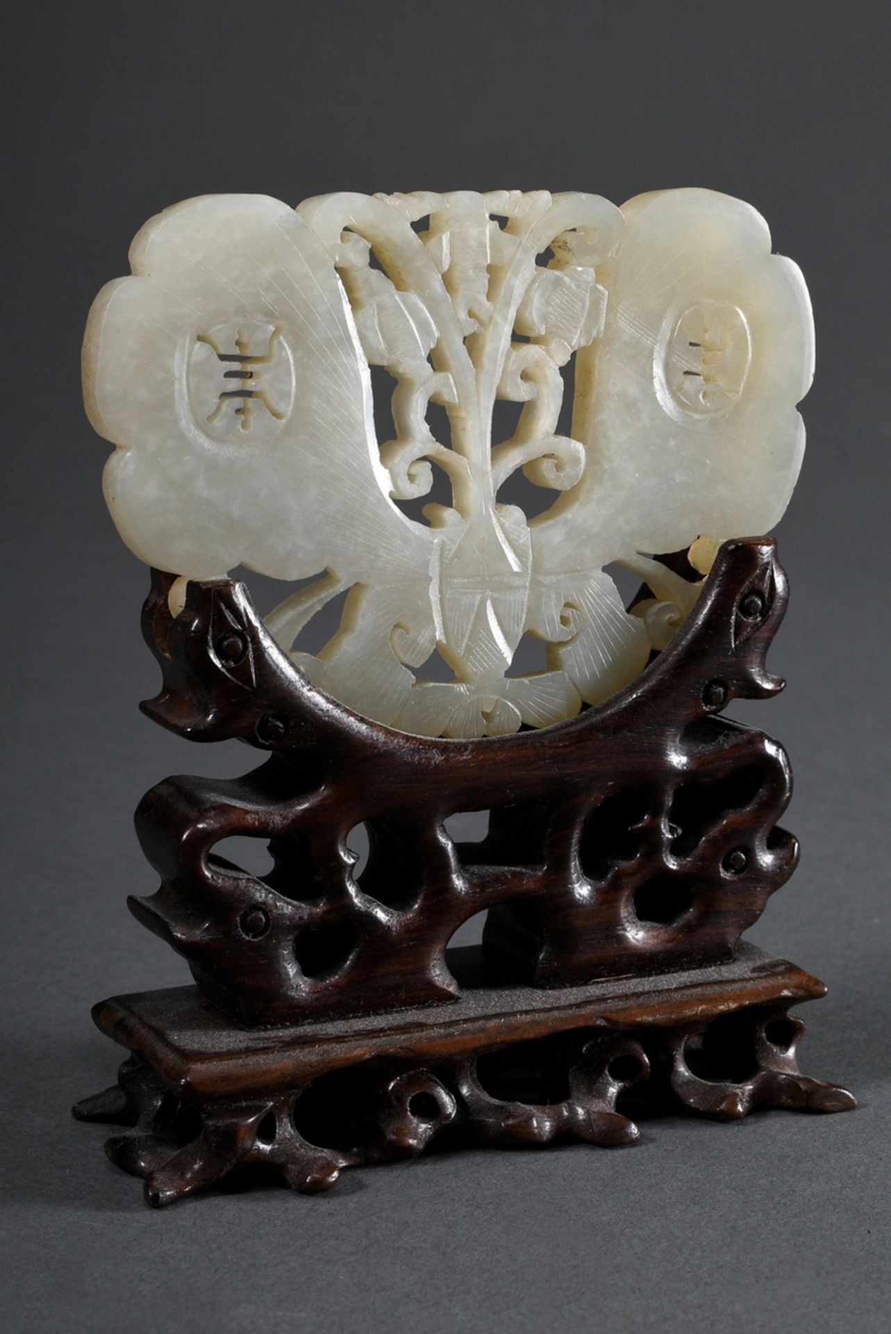 Large light jade plaque "Butterfly" with characters for "Long Life", openwork, carved blackwood fra