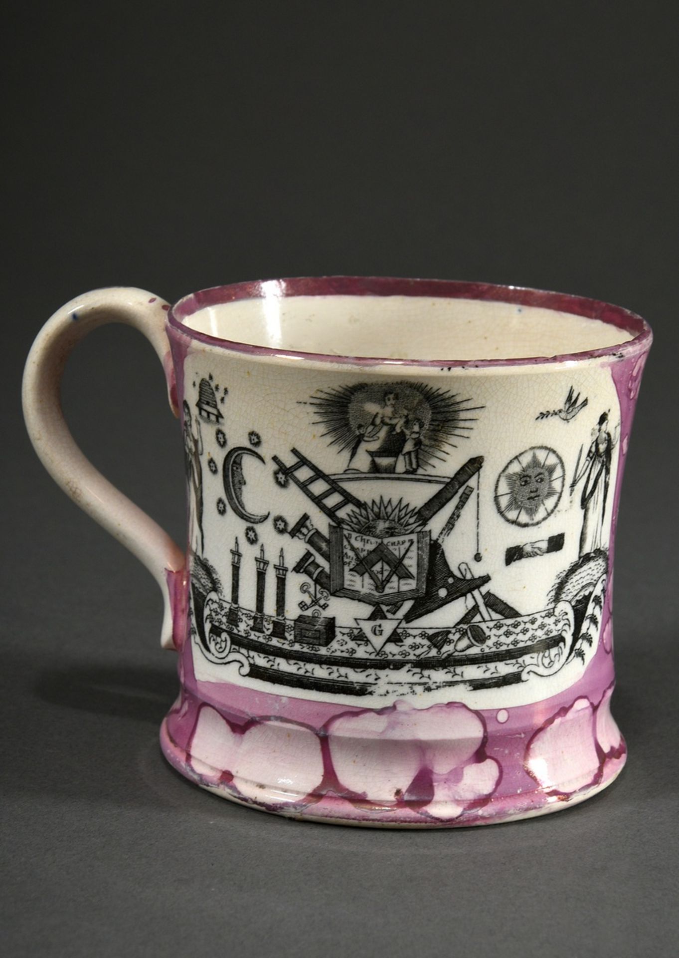 Faience drinking cup with luster and print decoration "Freemason symbols and English text", violet 