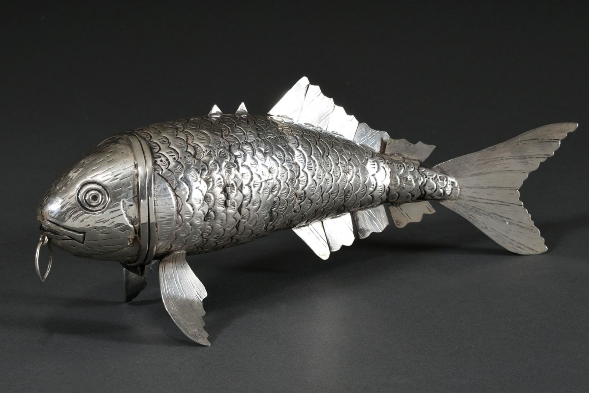 Jewish Besamim spice box: fish with movable scales and fins, head with hinged opening and pull ring