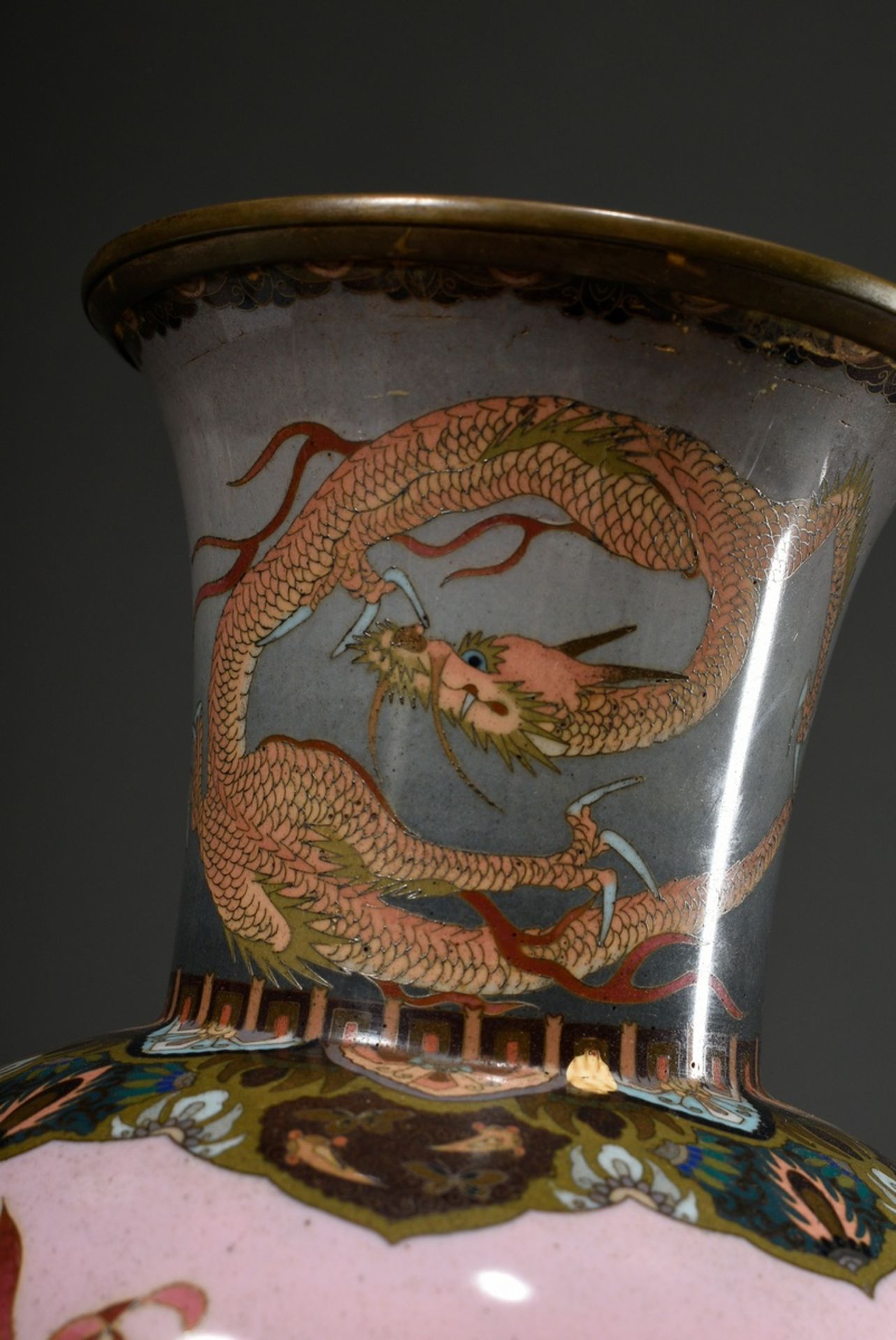 Pair of large cloisonné baluster vases of finest workmanship, projecting neck depicting "Two dragon - Image 4 of 10