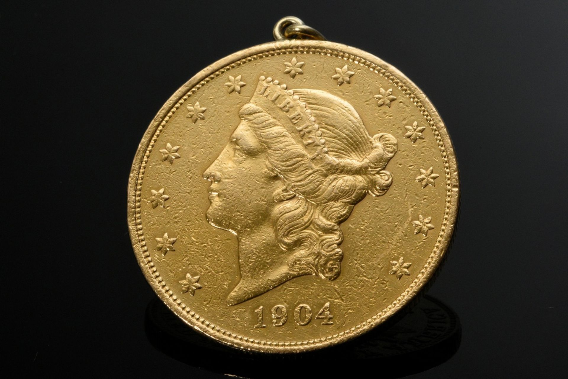 Yellow gold 900 coin pendant "20 Dollar Liberty" with small yellow gold 585 eyelet, 33,7g, Ø 3,4cm