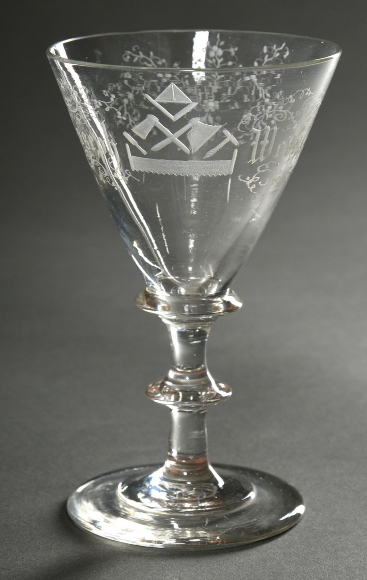 Masonic goblet with floral decoration, carpenter symbolism and inscription "Josef Weigel", nodus in