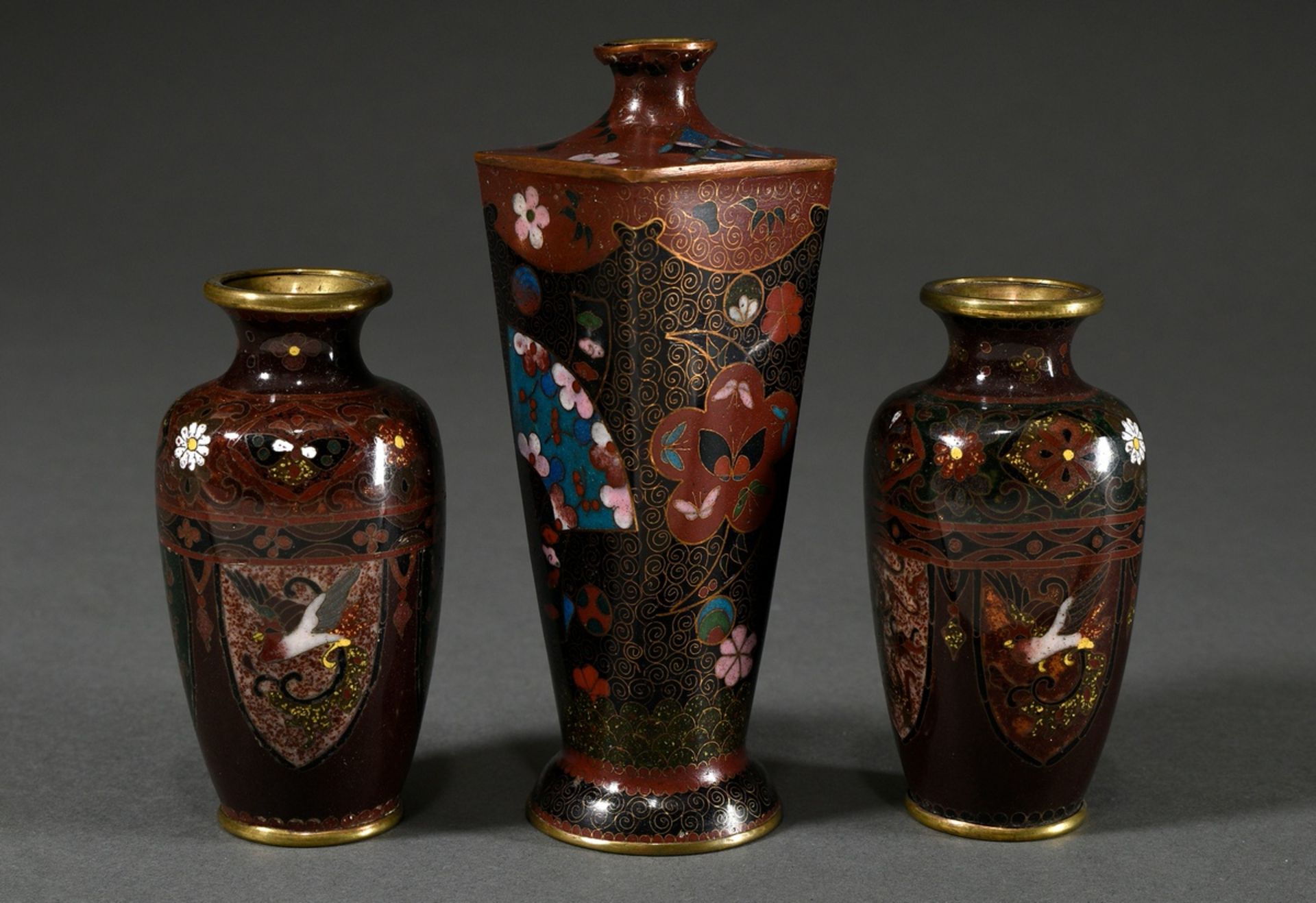 3 Various small cloisonné vases: pair with lancet-shaped cartouches "Birds and Dragons" and tall va