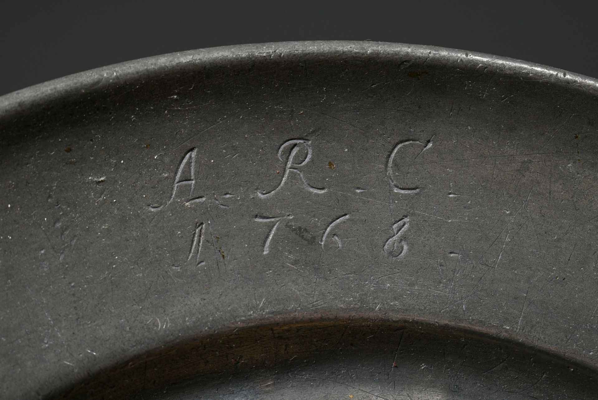 3 Various pieces of pewter, 18th century: large plate with engraved owner's monogram "C.S.S. 1775", - Image 3 of 11