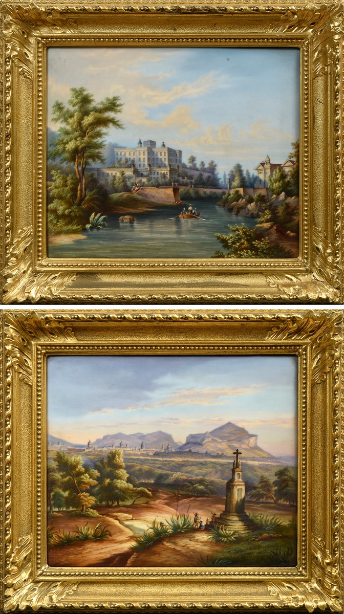 Pair of KPM Berlin porcelain plates with flawless painting "View of Palermo" and "Castello del Cata