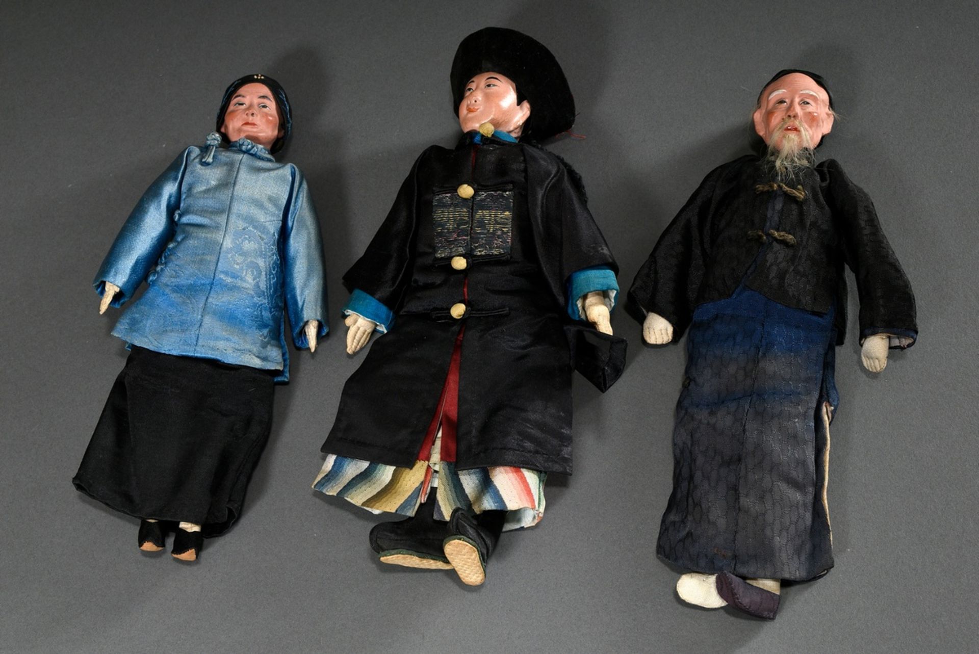 3 Chinese dolls "Mandarin, old man and old woman", cloth body with painted mass heads and partly re - Image 5 of 6