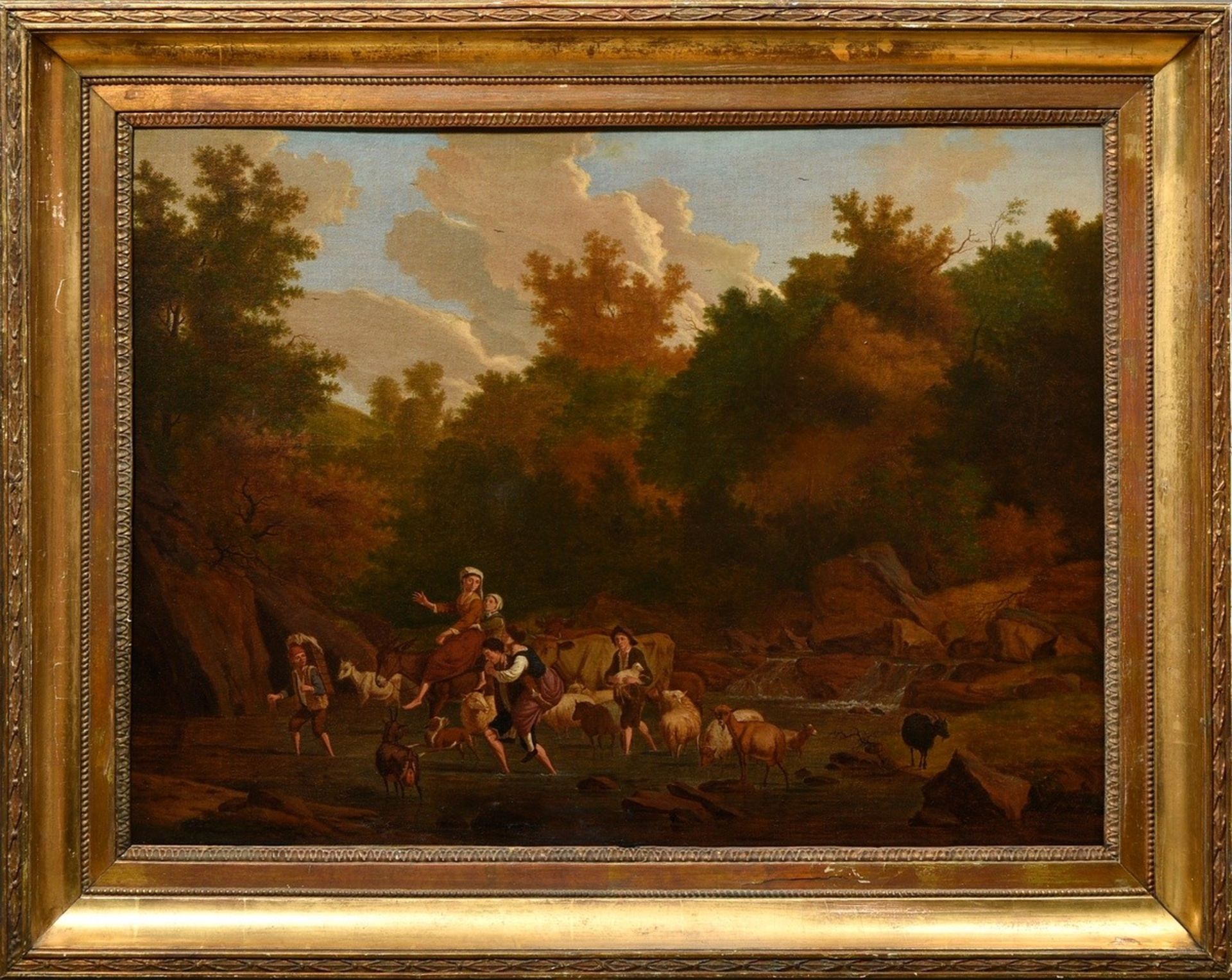 Unbekannter Maler des 17./18.Jh. "Hirten und Tiere an der Furt", Öl/Leinwand, 53x70,5cm (m.R. 69x85 - Bild 2 aus 7