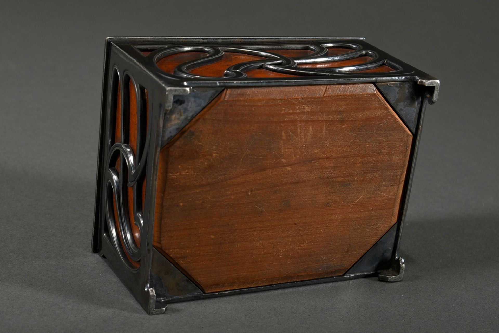 Art nouveau box with silver plated "whiplash" ornament over wooden corpus, around 1900, 6,5x12,5x9, - Image 4 of 5