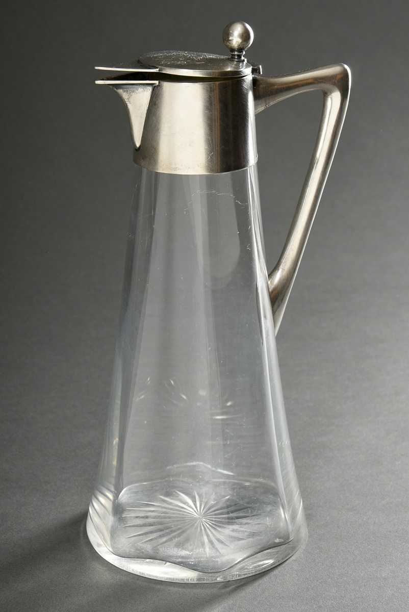 Plain glass tankard with silver 800 mounting and coat of arms engraving in the lid and cut star in 