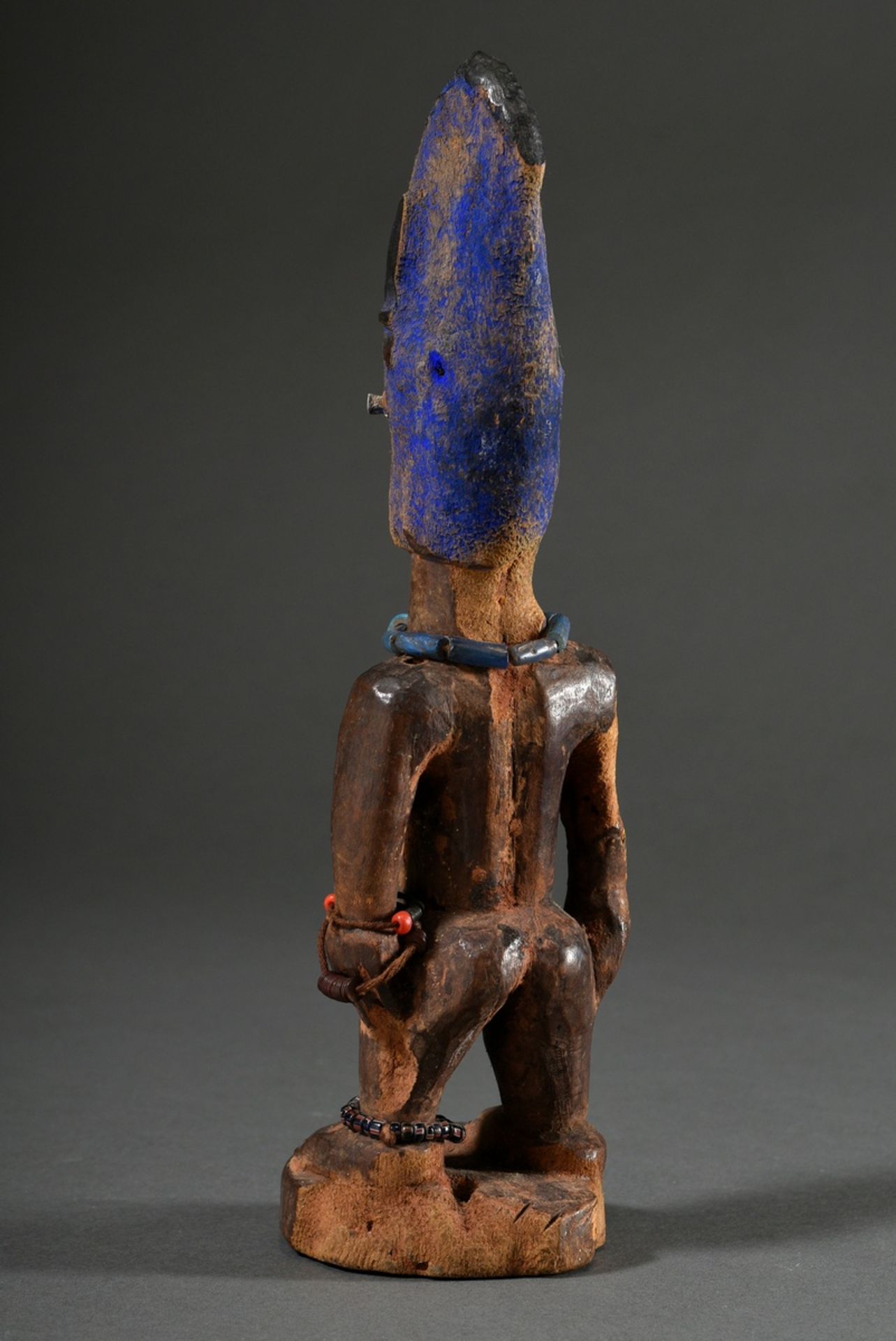 Female Yoruba Ibeji figure with beaded jewellery and blue painting and nailed eyes, Nigeria, h. 26c - Image 4 of 7