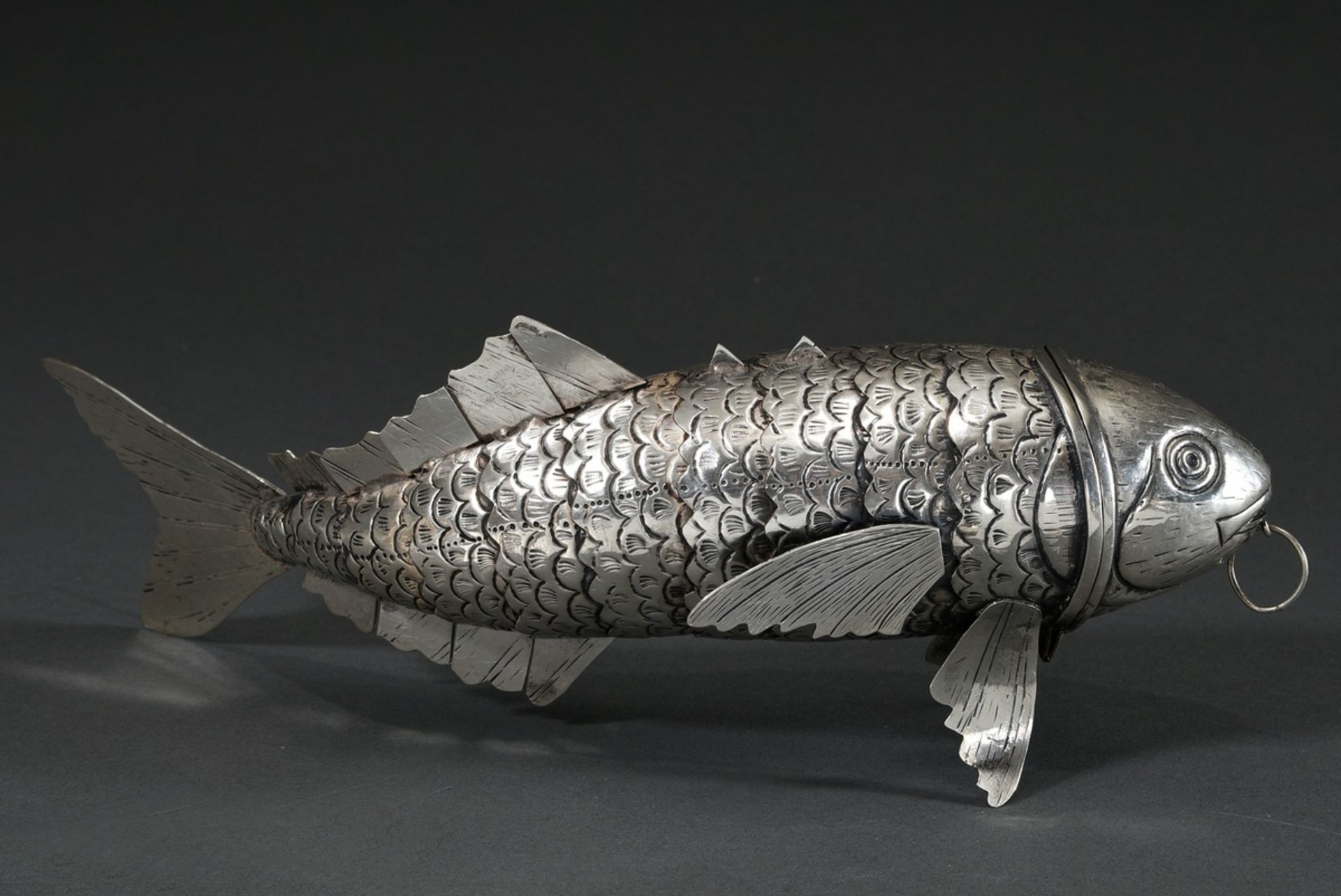 Jewish Besamim spice box: fish with movable scales and fins, head with hinged opening and pull ring - Image 2 of 6