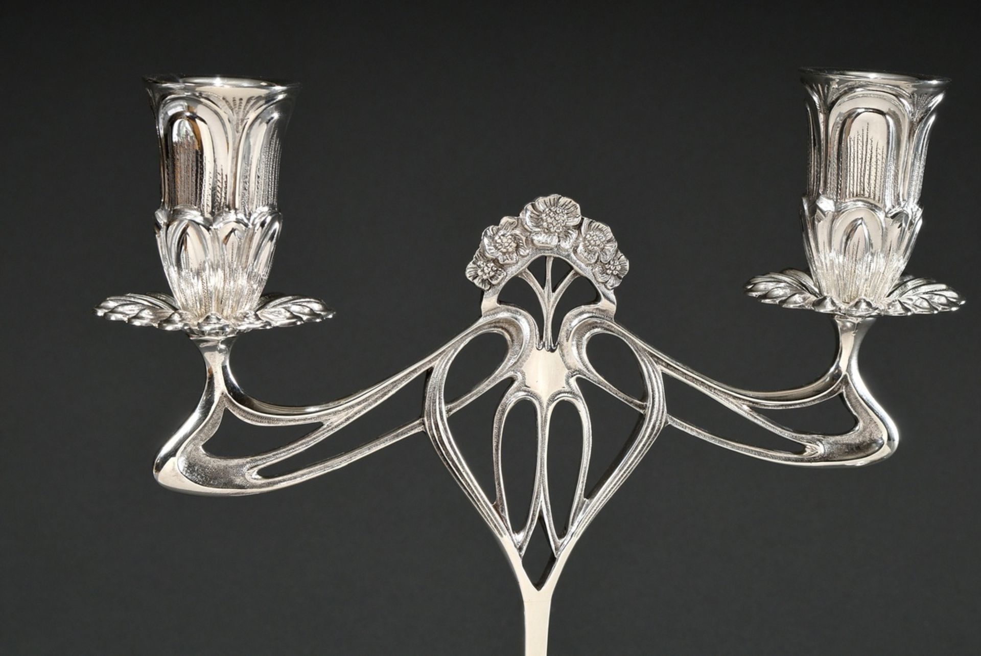 Pair of floral table girdles in art nouveau style with flower spouts and attachments after WMF desi - Image 2 of 4