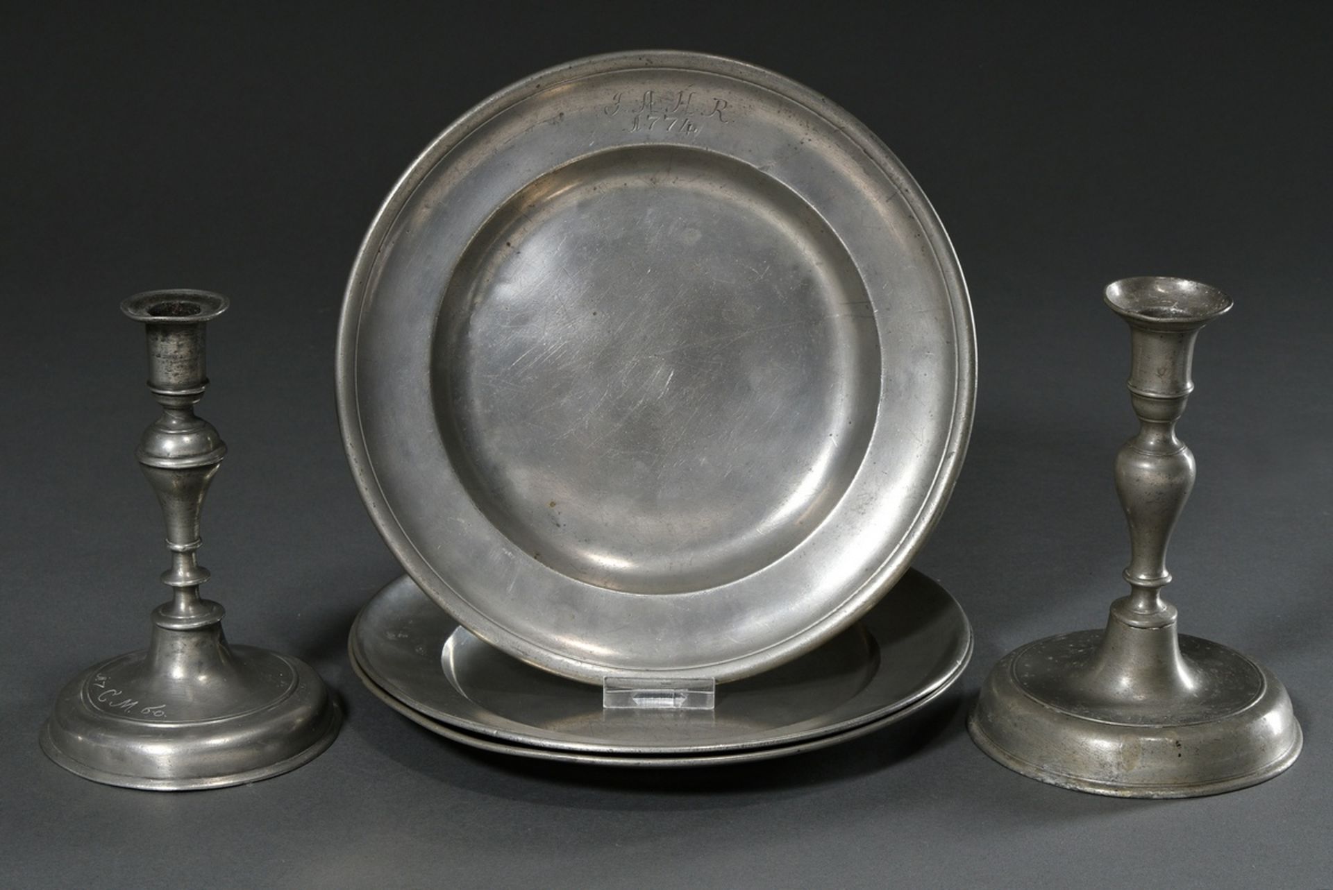 5 Various pieces of pewter, 18th century: 2 small Meissen plates with engraved owner's monograms "J