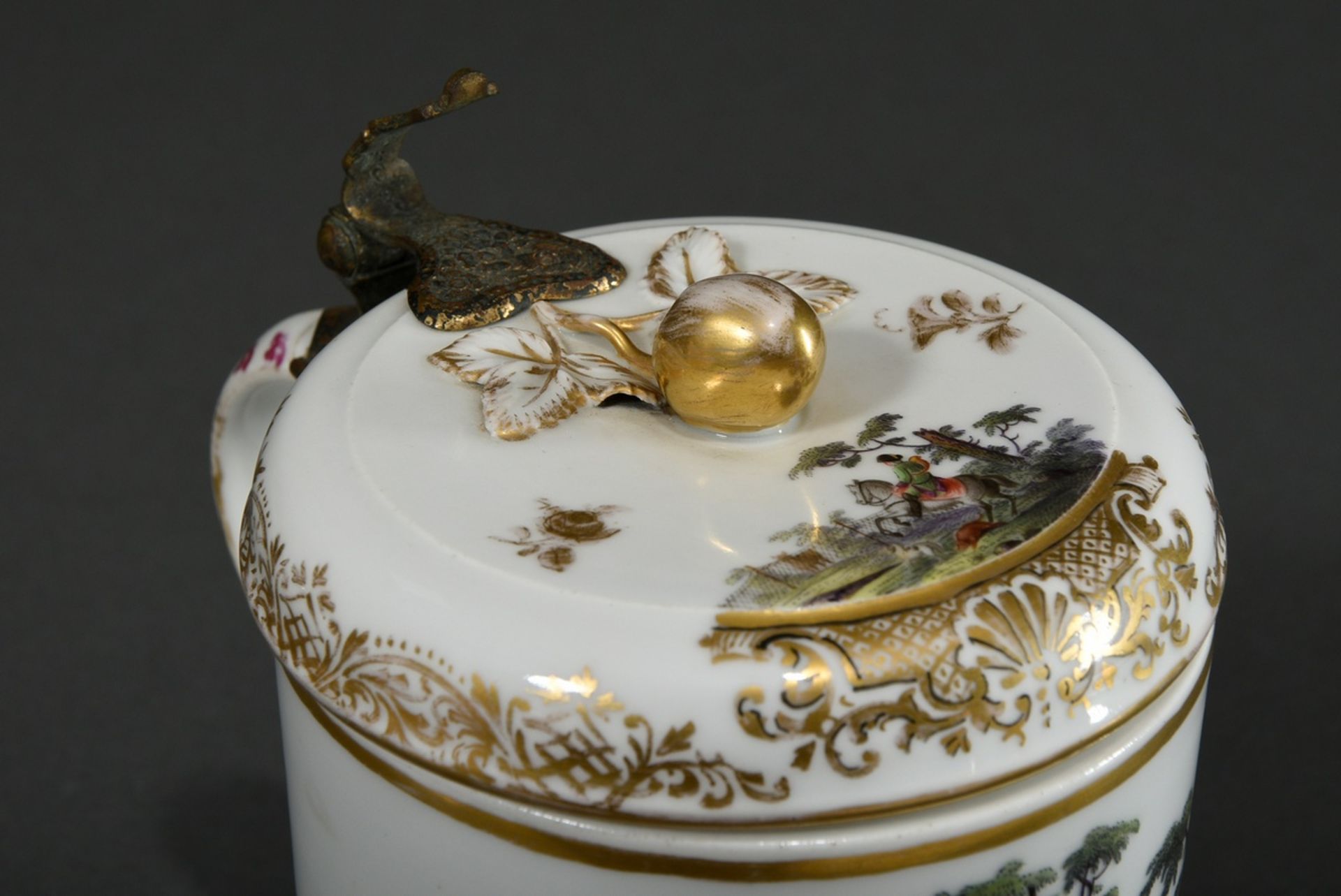 Porcelain cylindrical jug with polychrome scenes "Hirschhatz und Jäger" on the front and body as we - Image 5 of 8