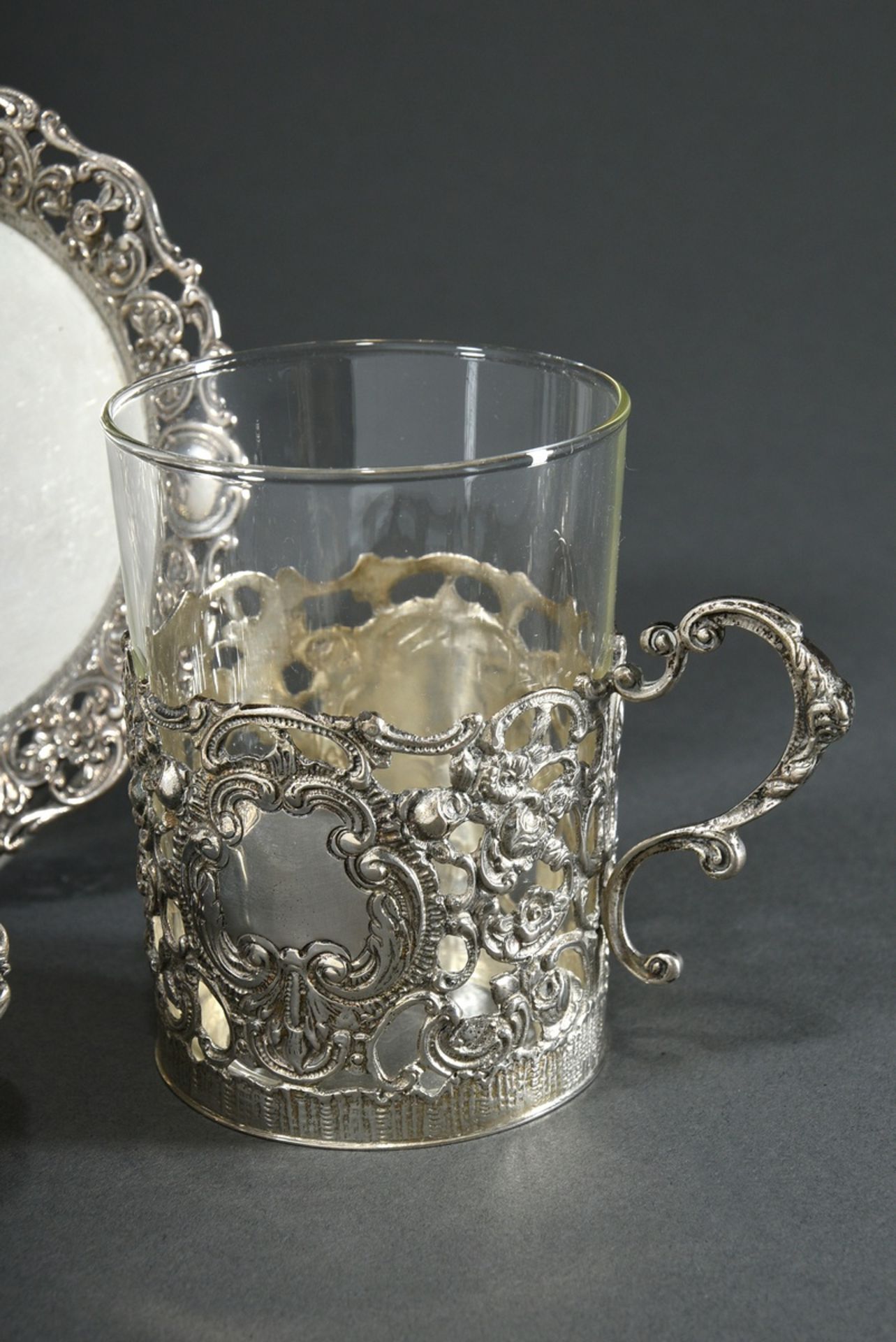 2 pieces richly reliefed tea glass on saucer and tea strainer on saucer "Roses and Rocailles", Germ - Image 3 of 7