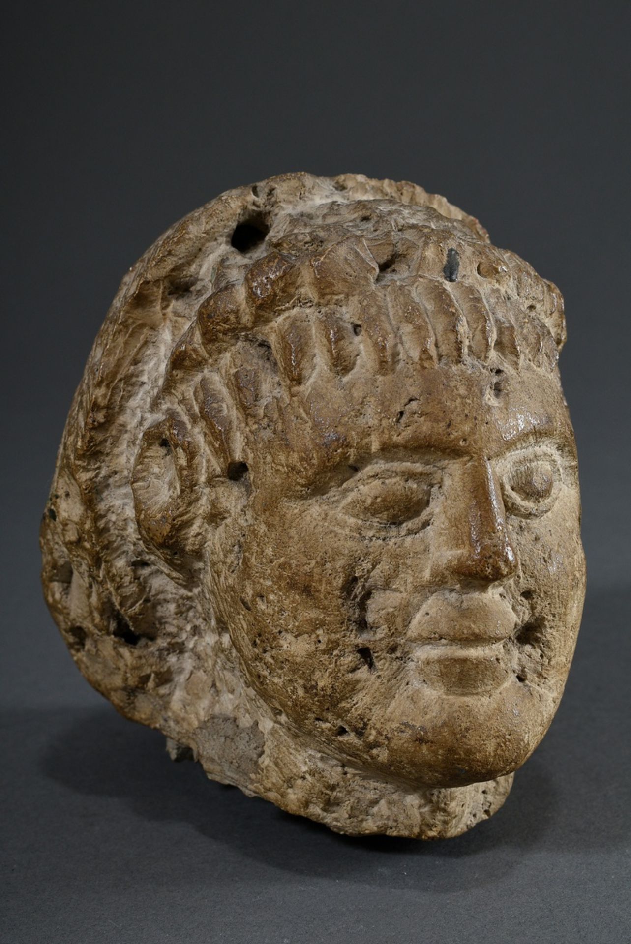 Limestone fragment "Head of a man with wig", reworked on the back, probably from half relief, h. 14 - Image 2 of 6