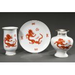 3 Various pieces of Meissen porcelain "Coral Red Ming Dragon", 20th century: baluster vase with wid