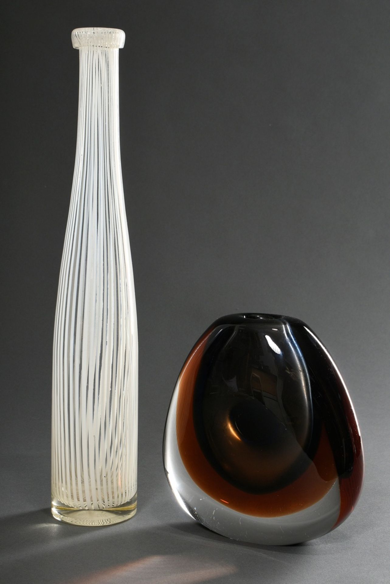 2 Various Murano vases: brown "Sommerso" in oval form, (h. 18cm) and bottle white striped, with fol