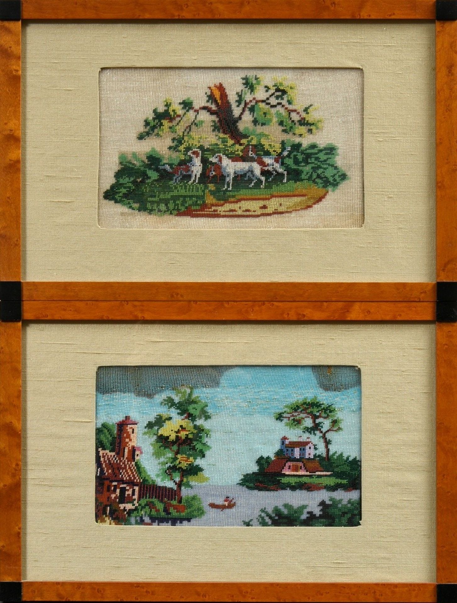 2 Feine Perlstickerei Bilder „Jagdhund Meute unter Baum“ und „Seelandschaft mit Gebäuden“, wohl Rus