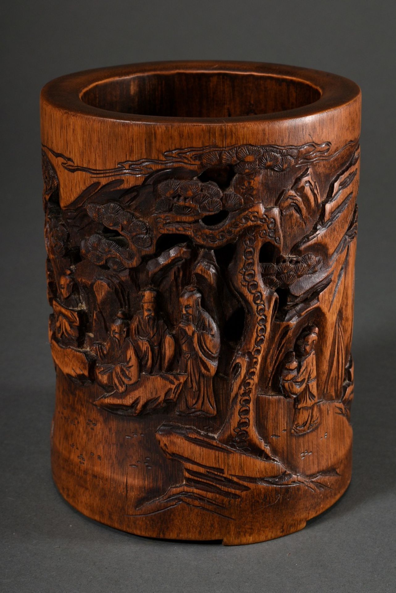 Chinese bamboo brush cup "Scholars in coastal and mountain landscape under pines", cut in low relie