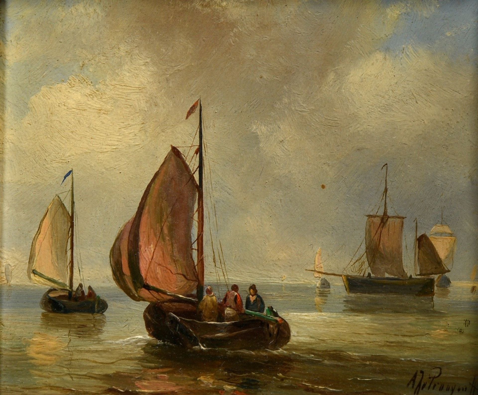Pair of marine paintings "Dutch fishermen", oil/wood, 19th c., illegibly sign. on lower right, each - Image 5 of 9