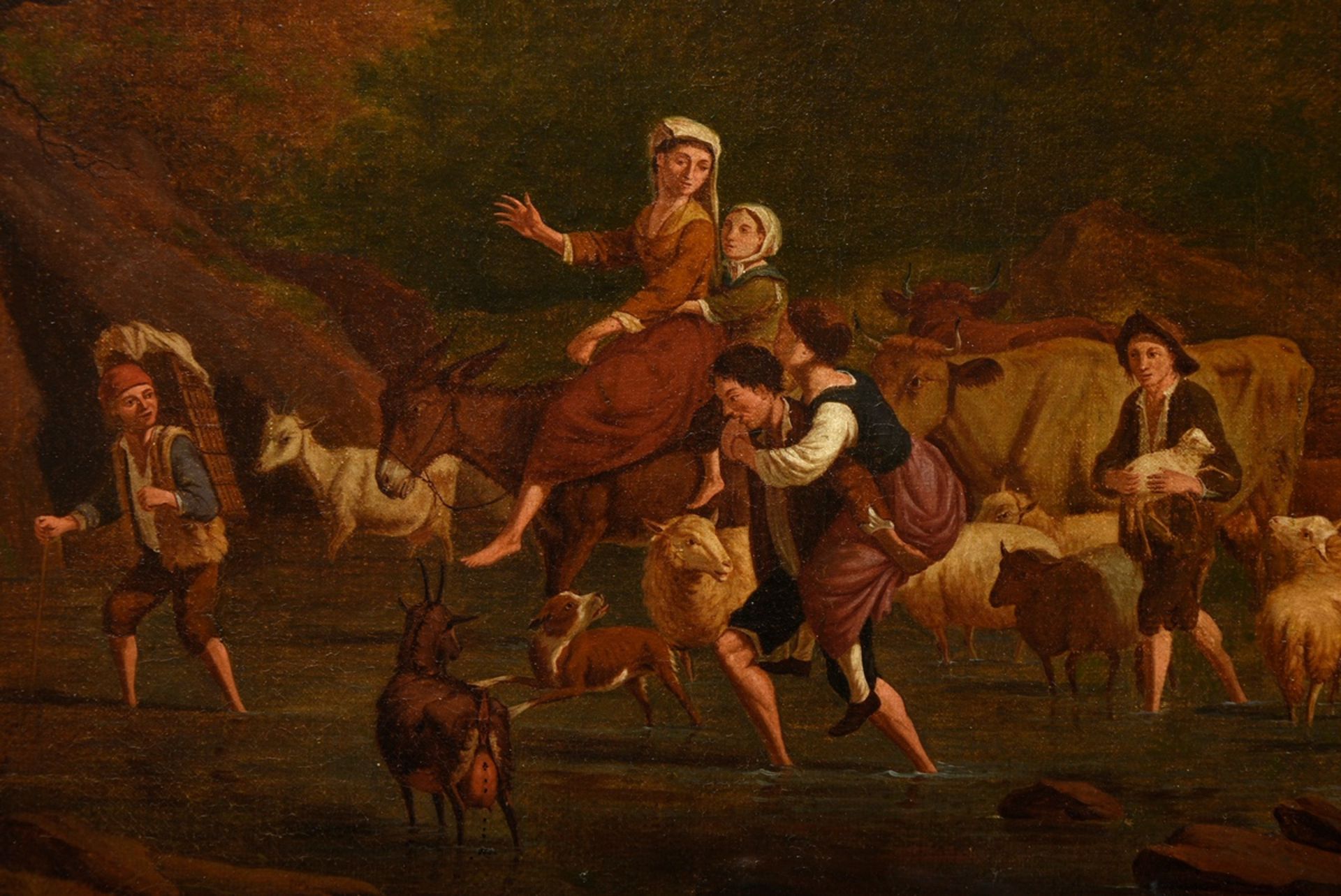 Unbekannter Maler des 17./18.Jh. "Hirten und Tiere an der Furt", Öl/Leinwand, 53x70,5cm (m.R. 69x85 - Bild 3 aus 7