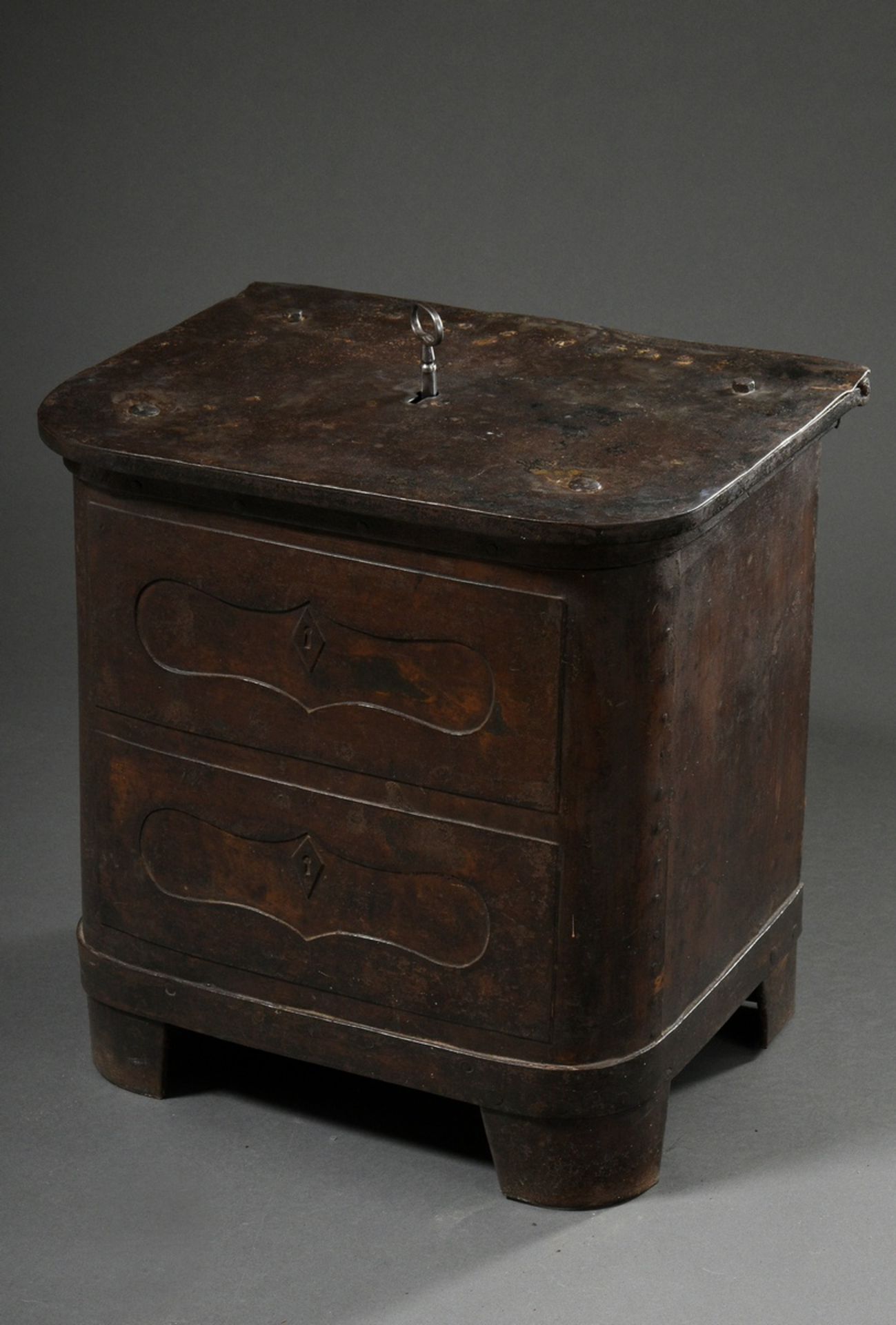Safe in the shape of a Biedermeier chest of drawers, iron with remains of wood trompe l'oeil frame,