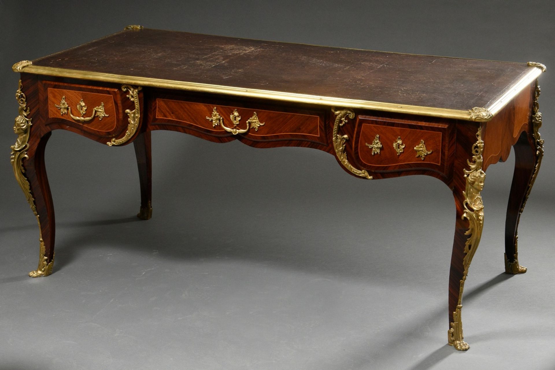 French bureau plat in Louis XV style on high curved legs with rich bronze fittings "busts of women" - Image 9 of 10