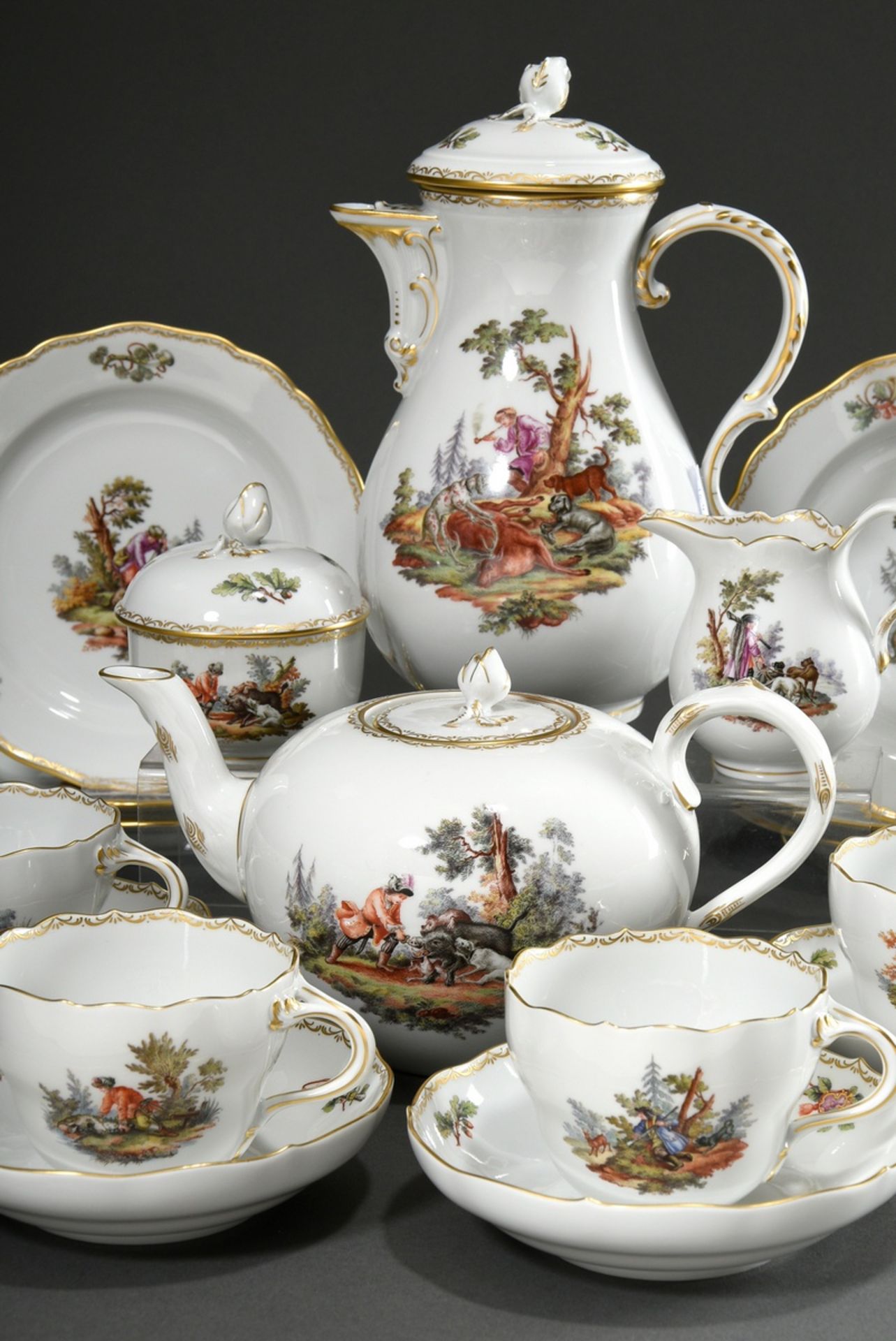 15 Teile Meissen Kaffeeservice mit polychromer lupenfeiner Malerei "Jagdszenen nach Ridinger" und "