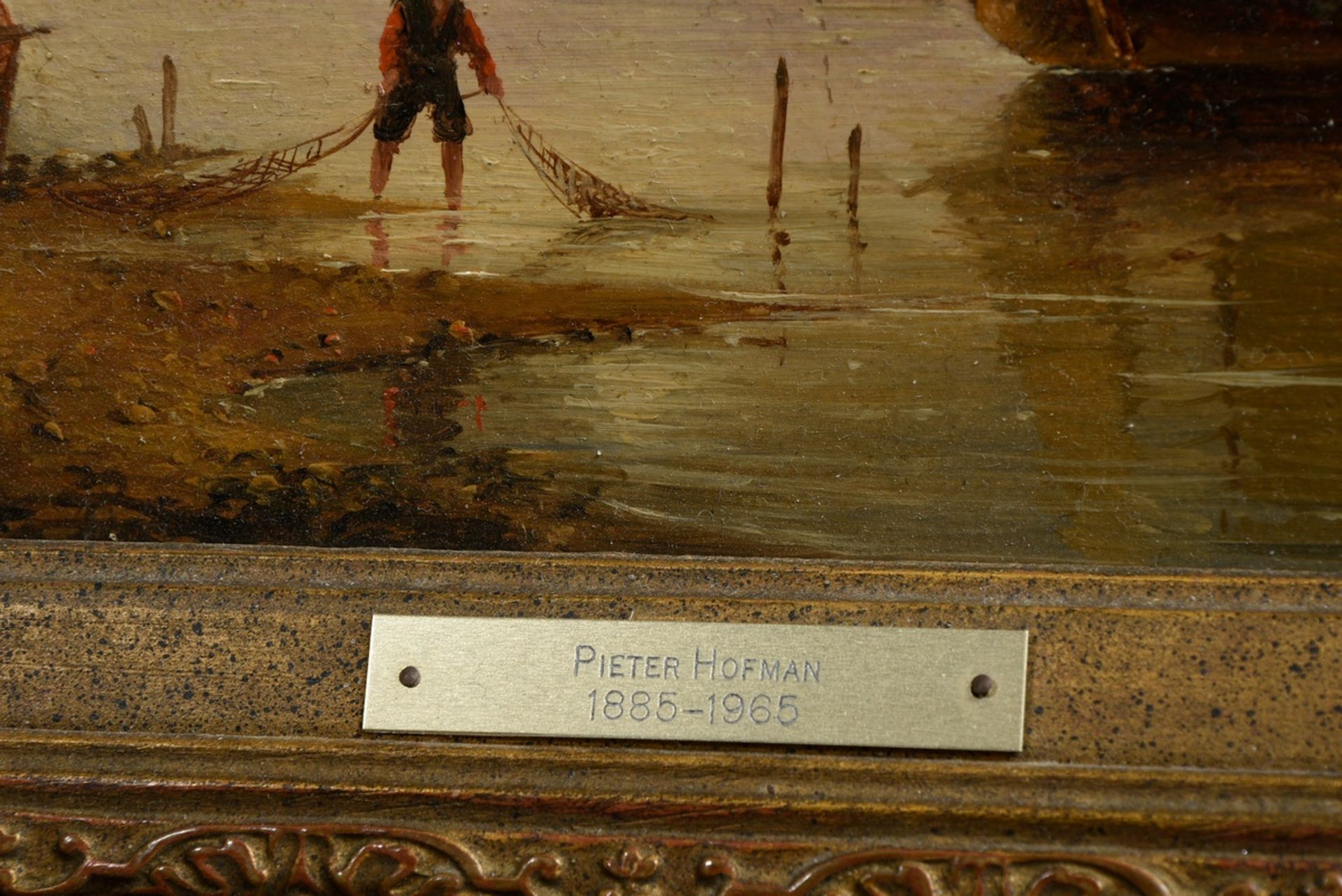 Hofman, Pieter (1755-1837) "River mouth with fishermen and sailors", oil/wood, 24x30cm (w.f. 38x44c - Image 3 of 5