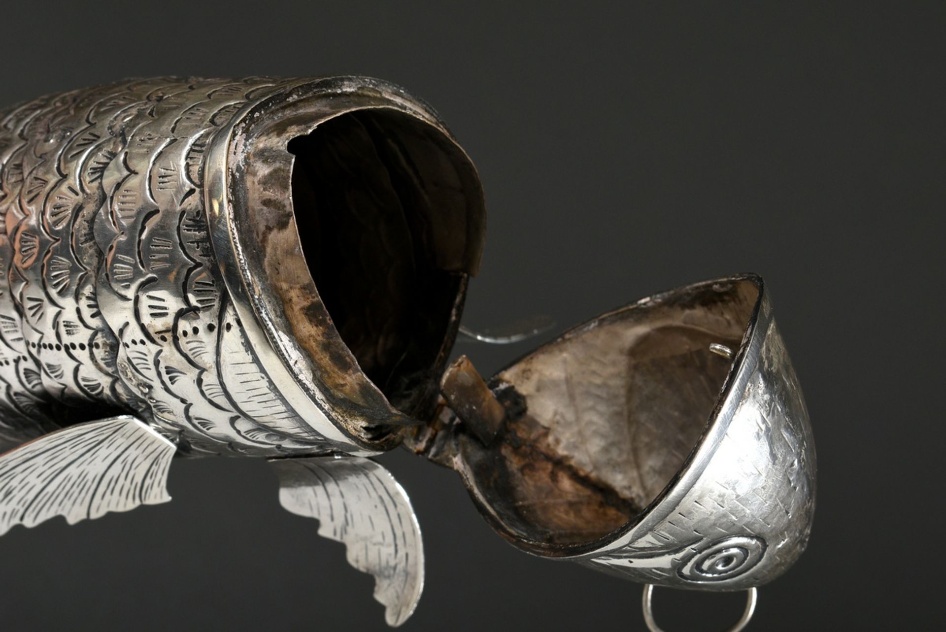 Jewish Besamim spice box: fish with movable scales and fins, head with hinged opening and pull ring - Image 6 of 6