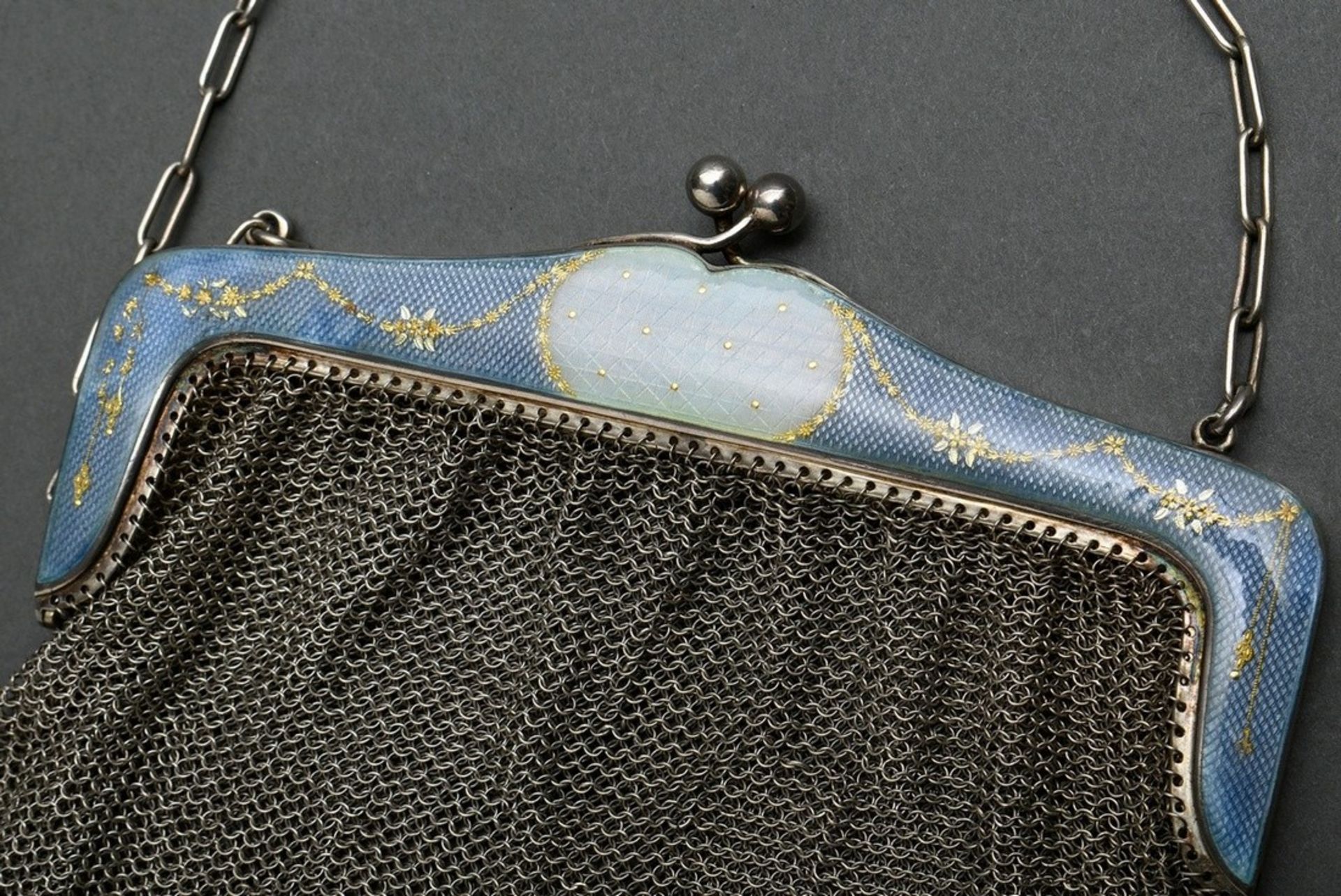 Evening bag with braided silver wire and light blue guilloché enamel handle with gold garlands, ind - Image 2 of 5