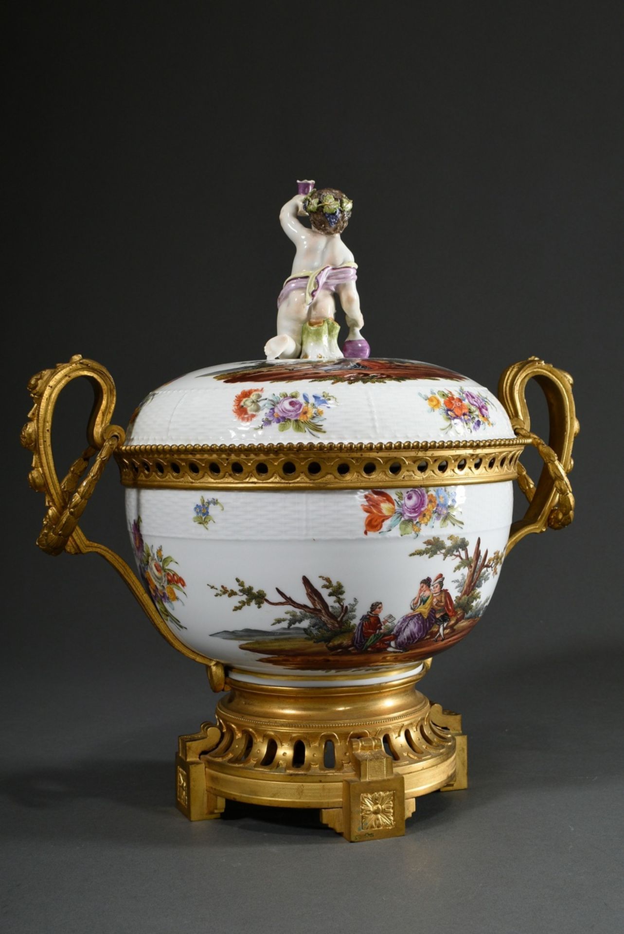 Large KPM lidded tureen of spherical form with figural knob "Bacchus boy with raised glass", the wa - Image 2 of 13