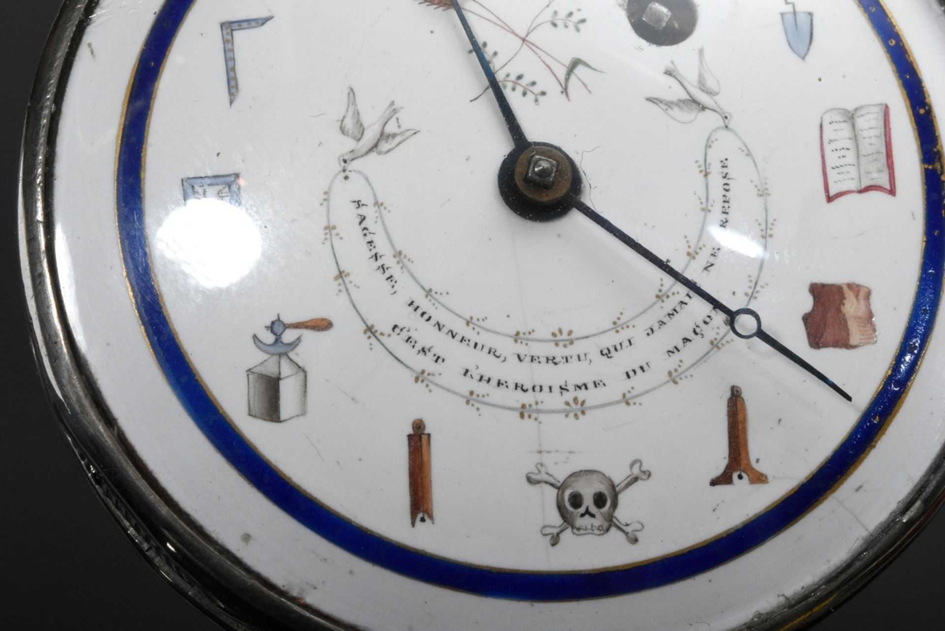 Masonic silver spindle clock, white enamel dial with symbols as indices and inscription "SAGESSE HO - Image 8 of 8
