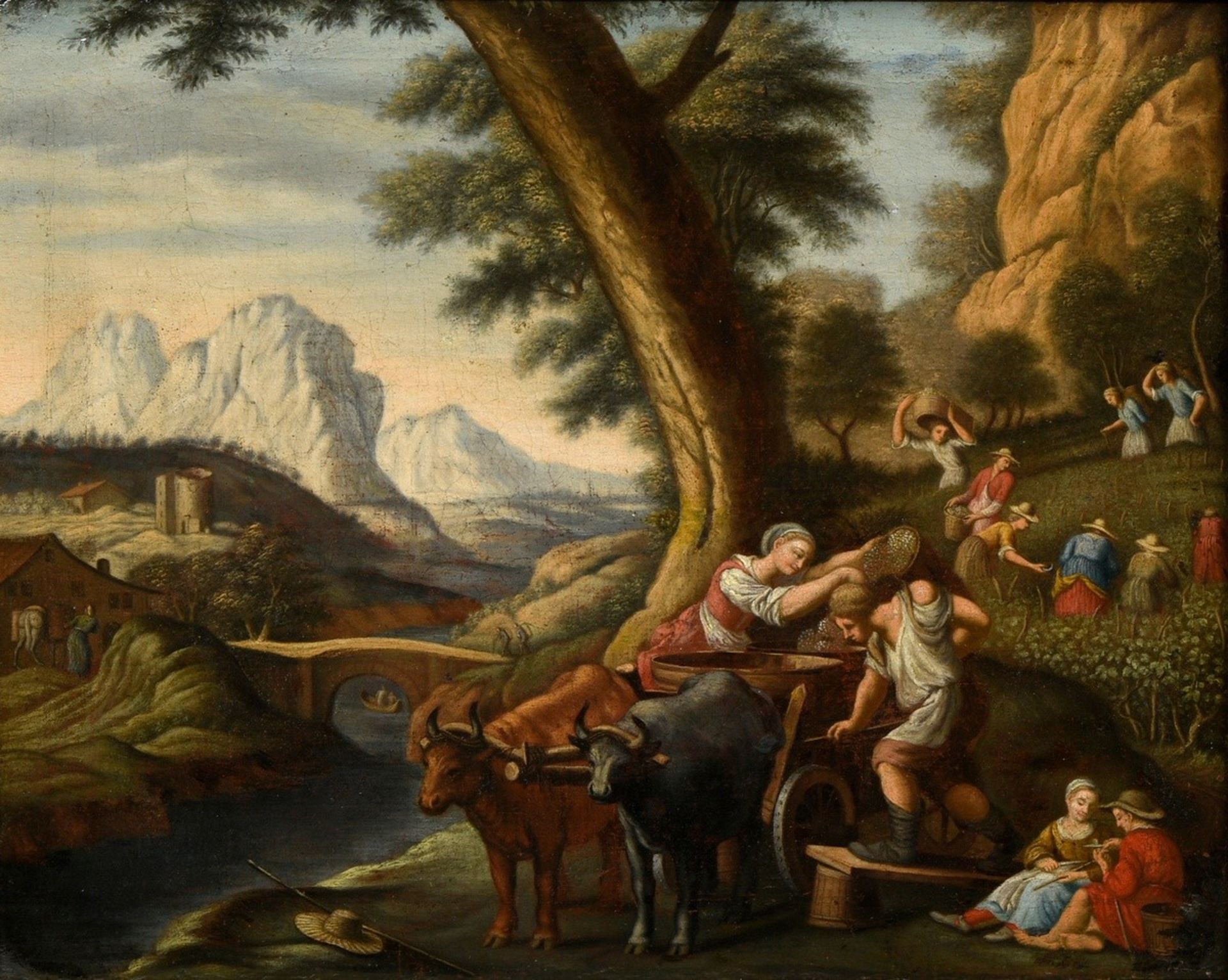 Unknown artist of the 17th/18th c. "Grape harvest", oil/canvas, 39x48,5cm (w.f. 48x57,5cm), craquel