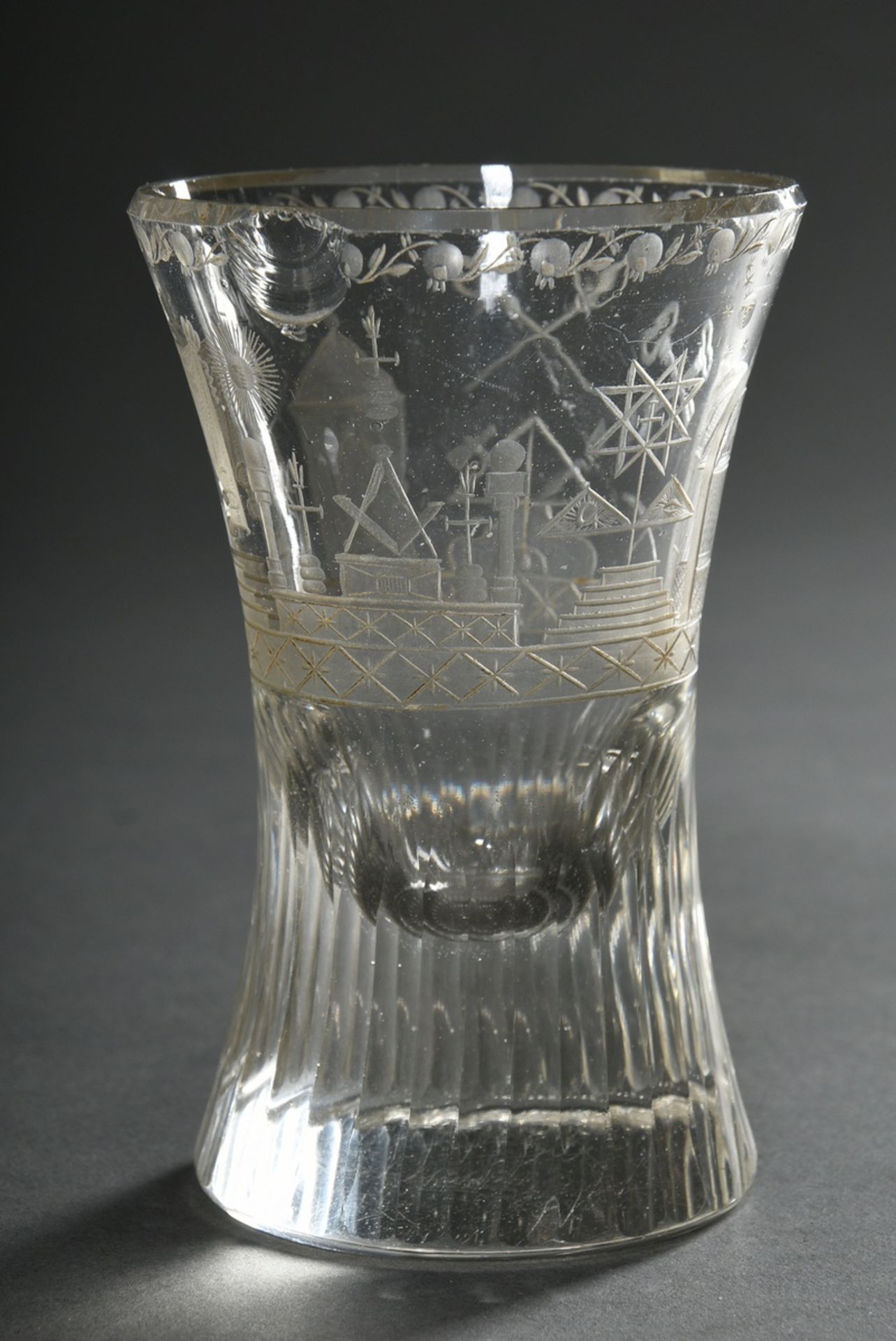 Masonic glass with cut leaf borders, richly cut symbolism and long notched facets at the foot, Bohe - Image 2 of 7