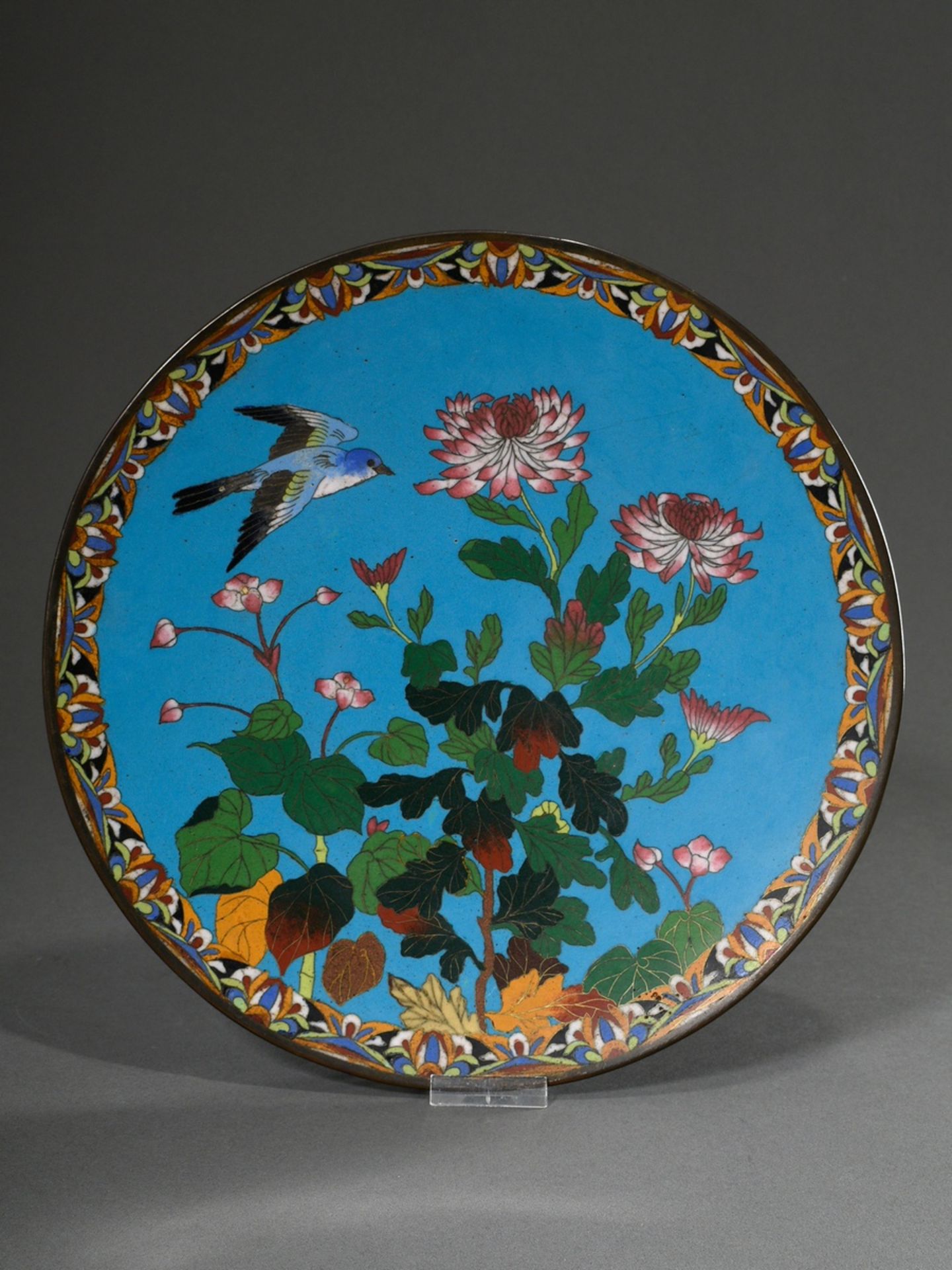Japanese cloisonné plate "Bird and Chrysanthemums", around 1900, Ø 30.5cm, slightly rubbed
