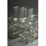 12 Stapelbare Aufbewahrungsgläser aus dem "Kubus-Geschirr", 7 mit Deckel, farbloses Pressglas, Entw