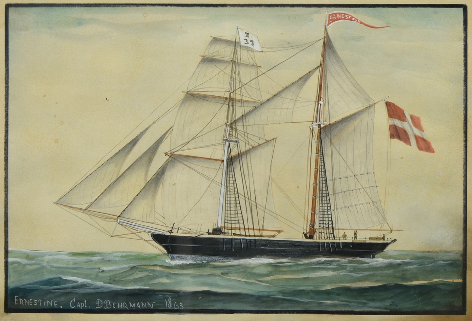 Captain's picture or ship's portrait "Ernestine, Capt. D. Behrmann" 1863, watercolour/gouache/paper